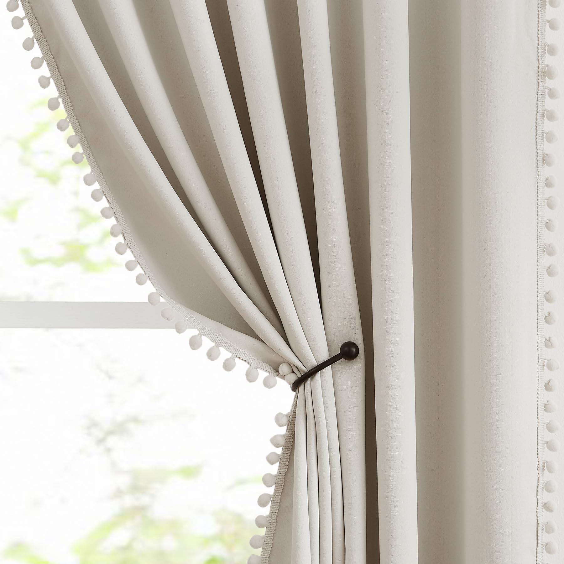 Abstractex Ivory Pom Pom Eyelet Blackout Curtains for Living Room 54 Inch Long Natural Cream Ring Top Room Darkening Curtain Panels for Bedroom Kids Thermal Insulated Window Drapes 54" W 2 Panels