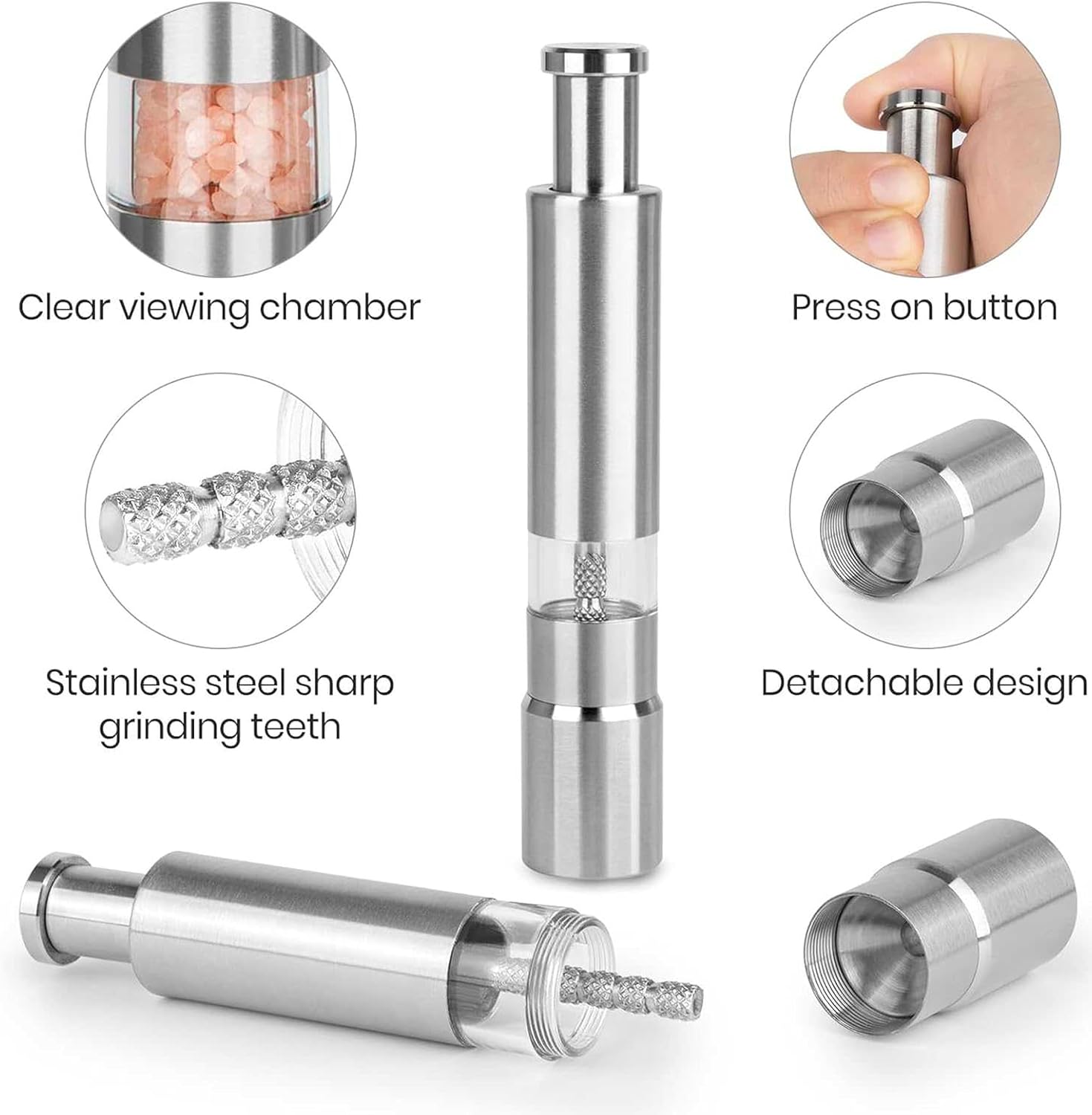 Salt and Pepper Grinder Set – Manual Pepper Grinder All in One, Adjustable Ceramic Mill, Stainless Steel Refillable 2-Piece, One Hand Seasoning for Kitchen, BBQ, Cooking