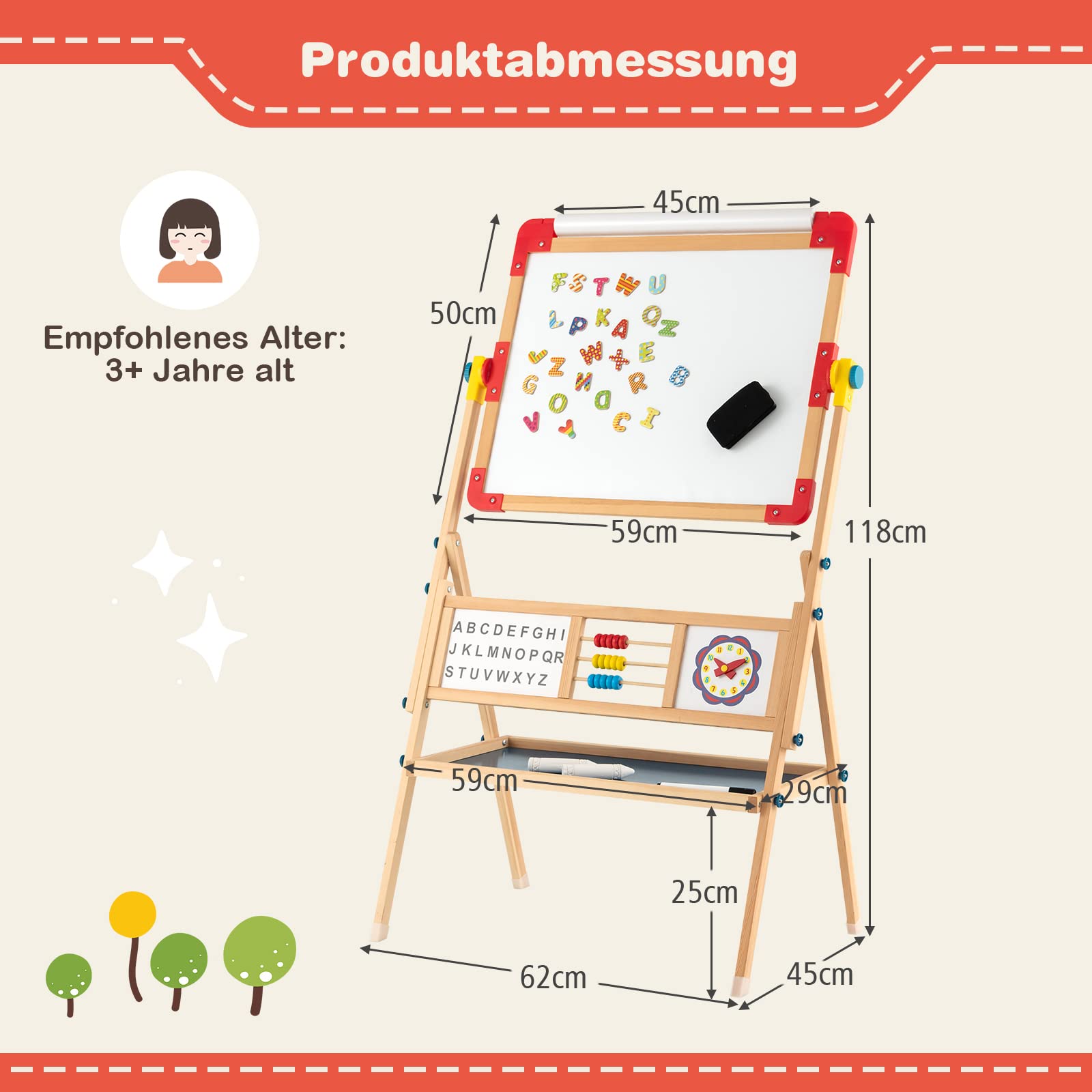 DREAMADE doppelseitige Kinder Staffelei aus Holz, Kinderstaffelei Kindertafel mit Papierrolle Whiteboard und Kreidetafel, inkl. Alphabet Marker Kreide Radiergummi