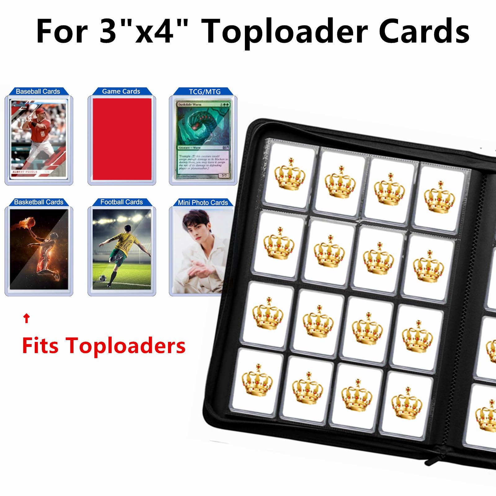Amazon.com: Premium 16 Pocket Toploader Binder Holds 640 Cards, Ringless  Design Side-Load Toploaders Holder for 3