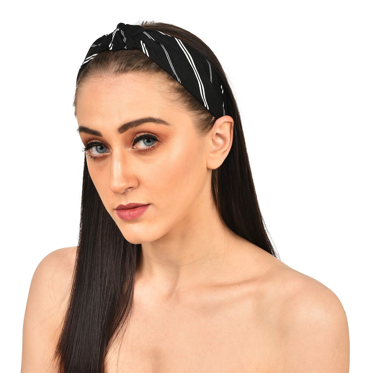 Vogue Hair Accessories Solid Fabric Knot with Stripes Plastic Hairband Headband for Girl and Women (Black_Diagonal) - Image 2 thumbnail