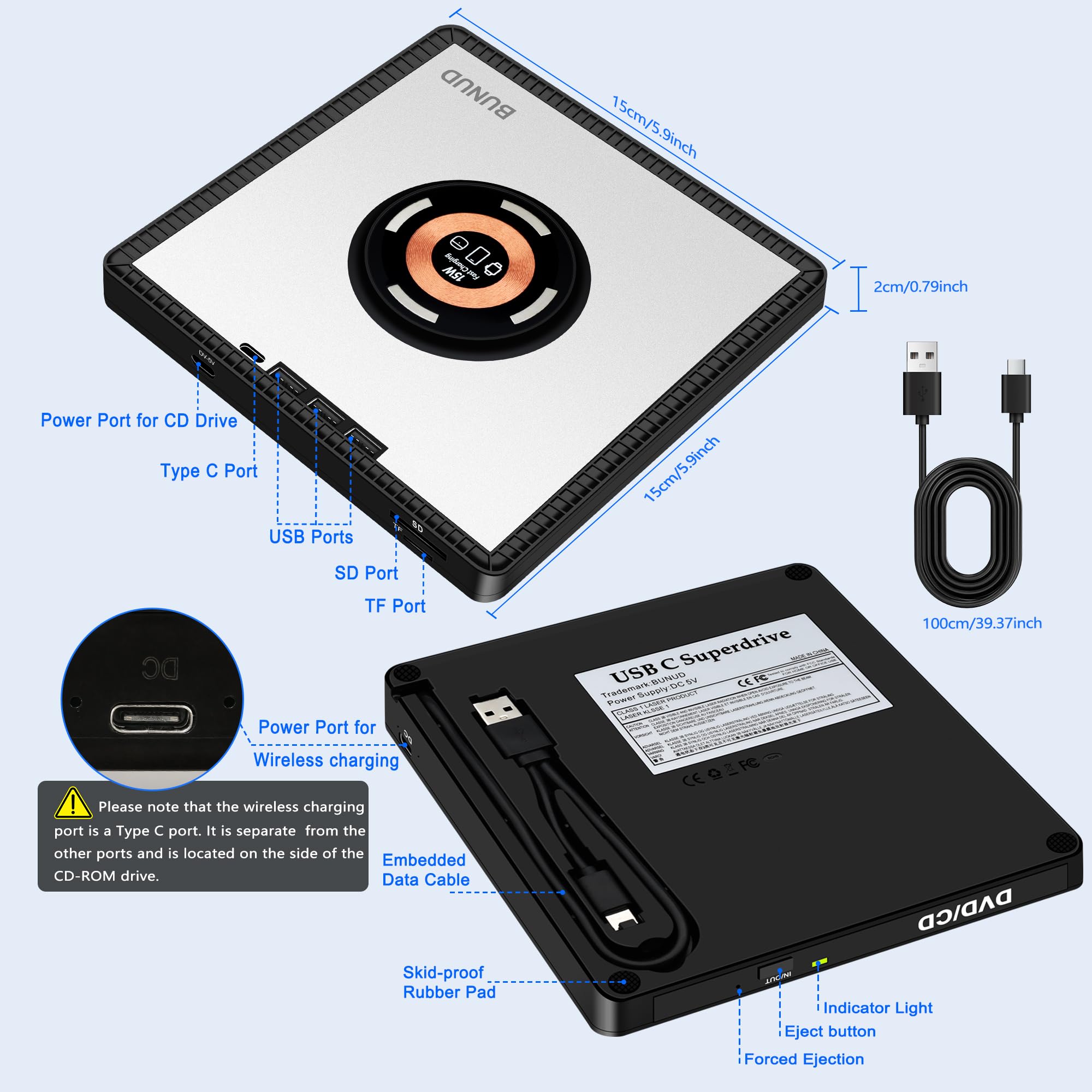 BUNUD Unità CD DVD esterna: USB 3.0 Superdrive per Mac Apple con caricabatterie wireless - Ricarica rapida 3 in 1 per iPhone/iwatch/AirPods - Masterizzatore CD portatile in alluminio Plug and Play con