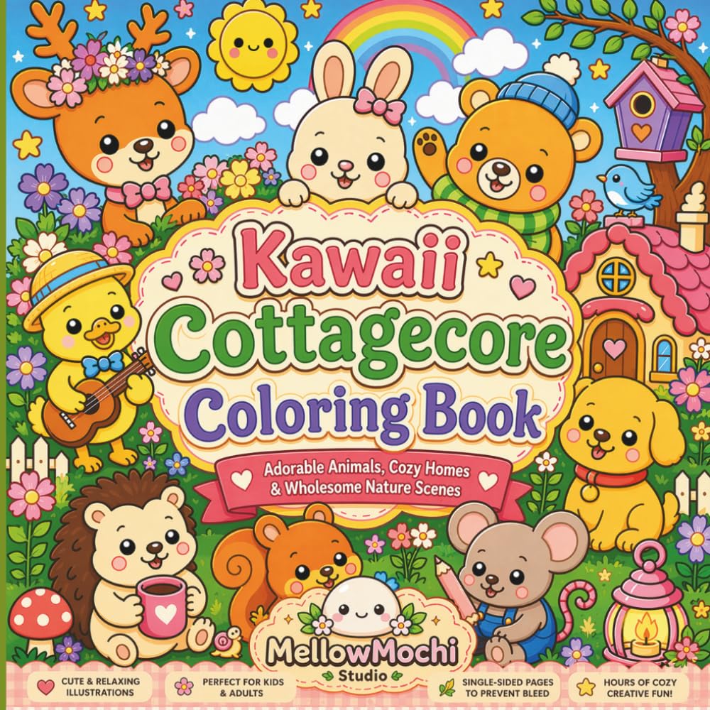 Kawaii Cottagecore Coloring Book: Adorable Animals, Cozy Homes & Wholesome Nature Scenes (Relaxing Coloring Pages for Kids, Teens & Adults)