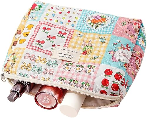 Miniatura 3 de Bonita bolsa de maquillaje acolchada de algodón floral, bolsa de maquillaje grande, bolsa de almacenamiento para oficina, universidad, escuela,