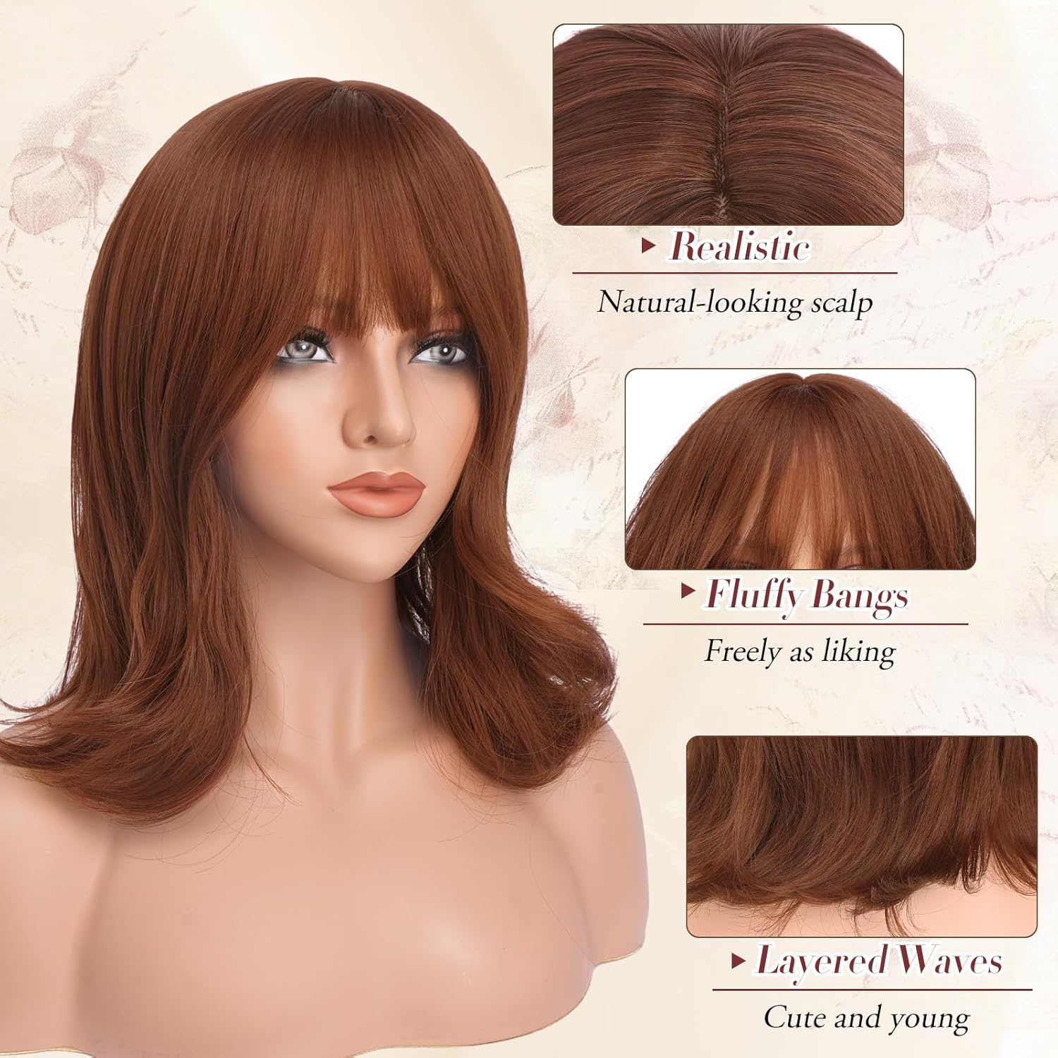 FESHFEN Shoulder Length Bob Wigs with Bangs for Women - Auburn Natural Layered Wavy Synthetic Wig For Daily Party Costume Use 14 Inch