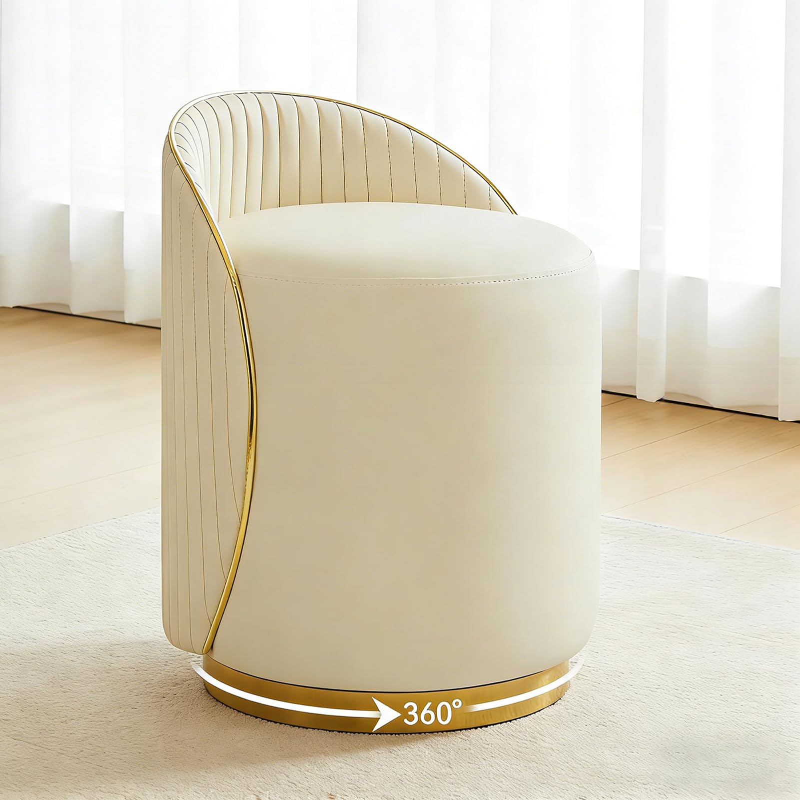 Sgabello per Toeletta Trucco, Sedia Trucco con Rivestimento in Pelle e Telaio in Legno, Girevole a 360°, Sgabello Imbottito per Soggiorno, Camera da Letto (beige)