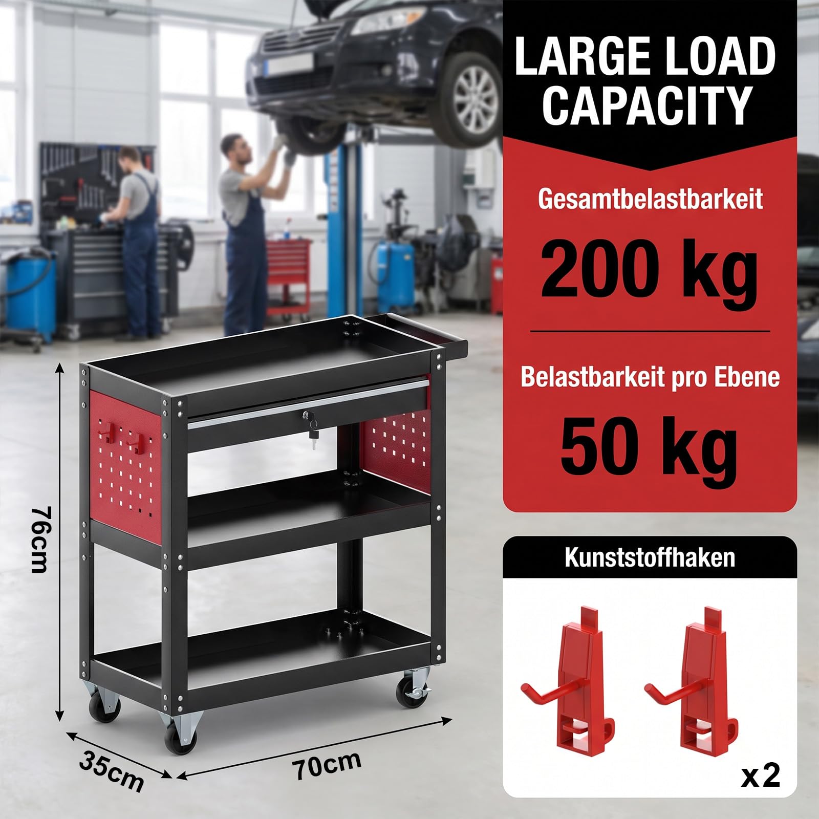 Werkstattwagen 3 Etagen mit Schublade, Werkzeugwagen 70 x 35 x 76 cm, Werkstatt-Rollwagen 200 kg Tragkraft,3 Zoll Rollen für Werkstatt, Garage & Hobby