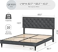 Vista 2 de BarnFurin Base de cama Queen, plataforma tapizada con cabecera capitoné con botones, camas de tela tamaño Queen con soporte de listones de madera