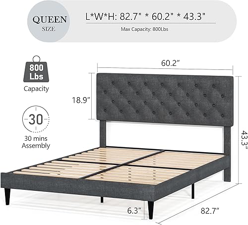 Miniatura 2 de BarnFurin Base de cama Queen, plataforma tapizada con cabecera capitoné con botones, camas de tela tamaño Queen con soporte de listones de madera,