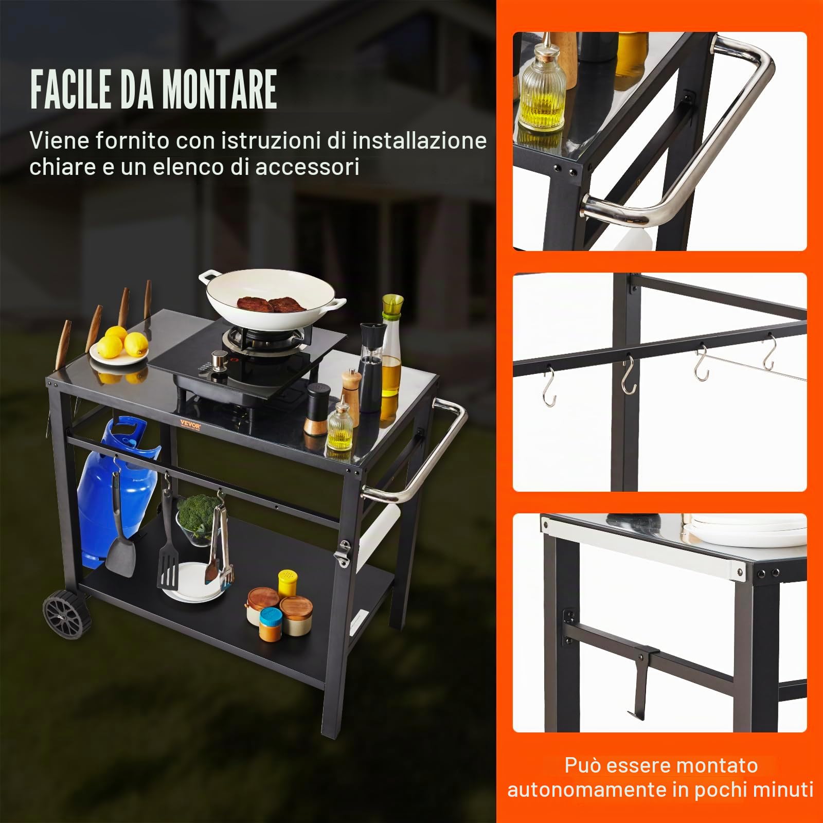 VEVOR Carrello da Pranzo per BBQ da Esterno con Doppio Ripiano, Tavolo Mobile Preparazione degli Alimenti per Barbecue, Piano Multifunzionale in Ferro Pieghevole, Carrelli da Esterno 1000x640x835mm