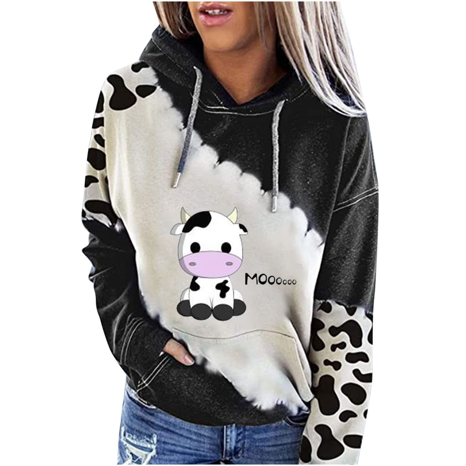 Mooooody Cow Cute Hoodie Long Sleeve Sweatshirt with Pockets Cowhide Print Large Size Hoodie