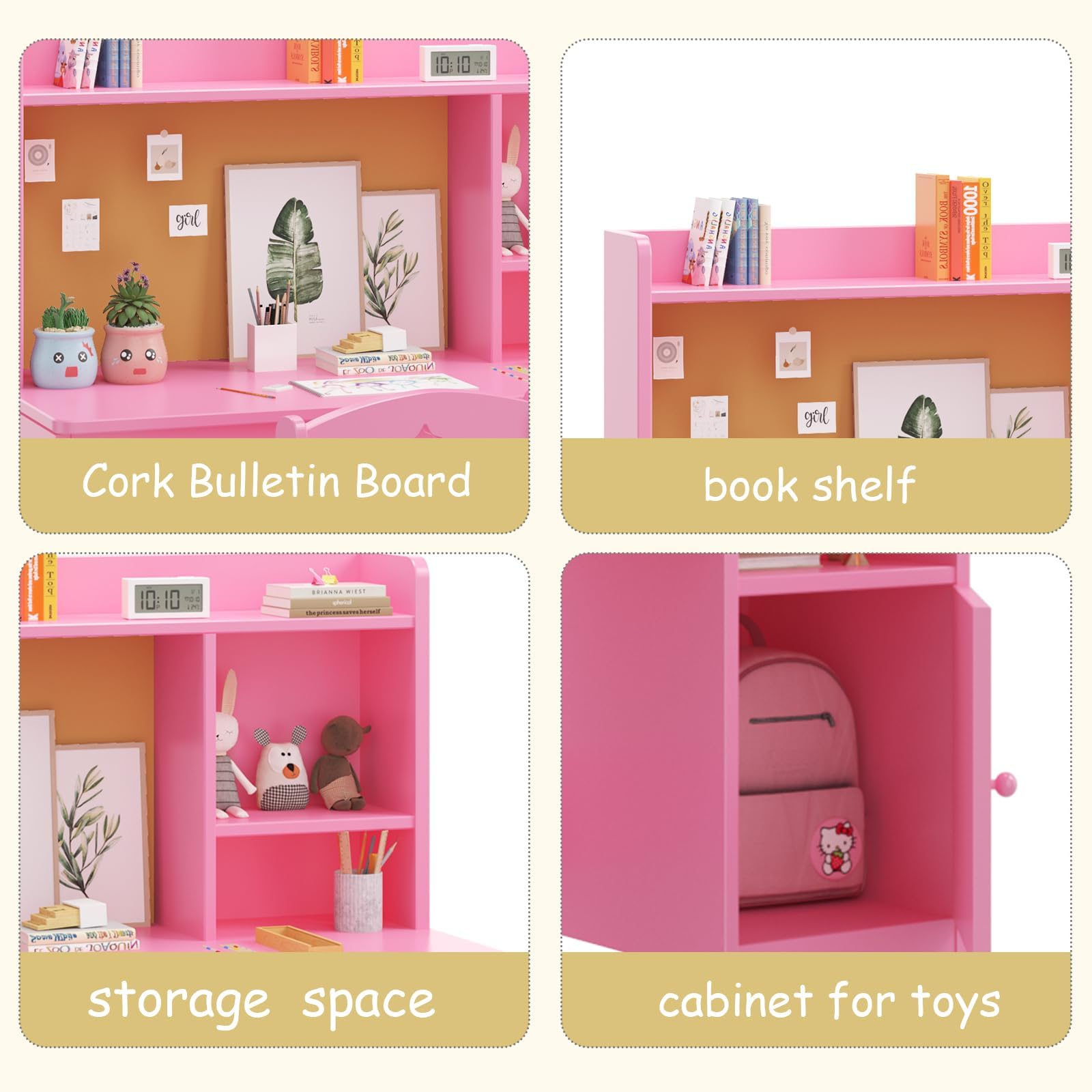 Escritorio Infantil de Madera para Estudiantes con Silla, Mesa Niños Infantil con Estanterías Abiertas y Armarios con Puertas, Mesa de Aprendizaje Infantil Multifuncional para Dormitorio o Estudio