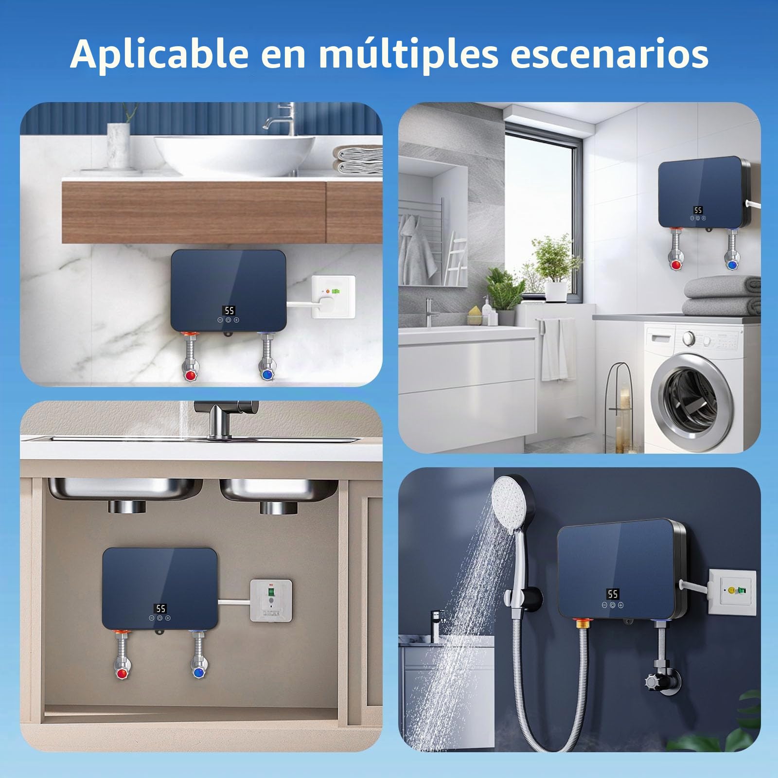 Calentador de Agua Eléctrico Instantáneo 6 kW 220 V Mini con Alcachofa de Ducha, Sistema de Agua Caliente sin Tanque para Baño, Cocina, Jardín, con Display LED de Temperatura Legible