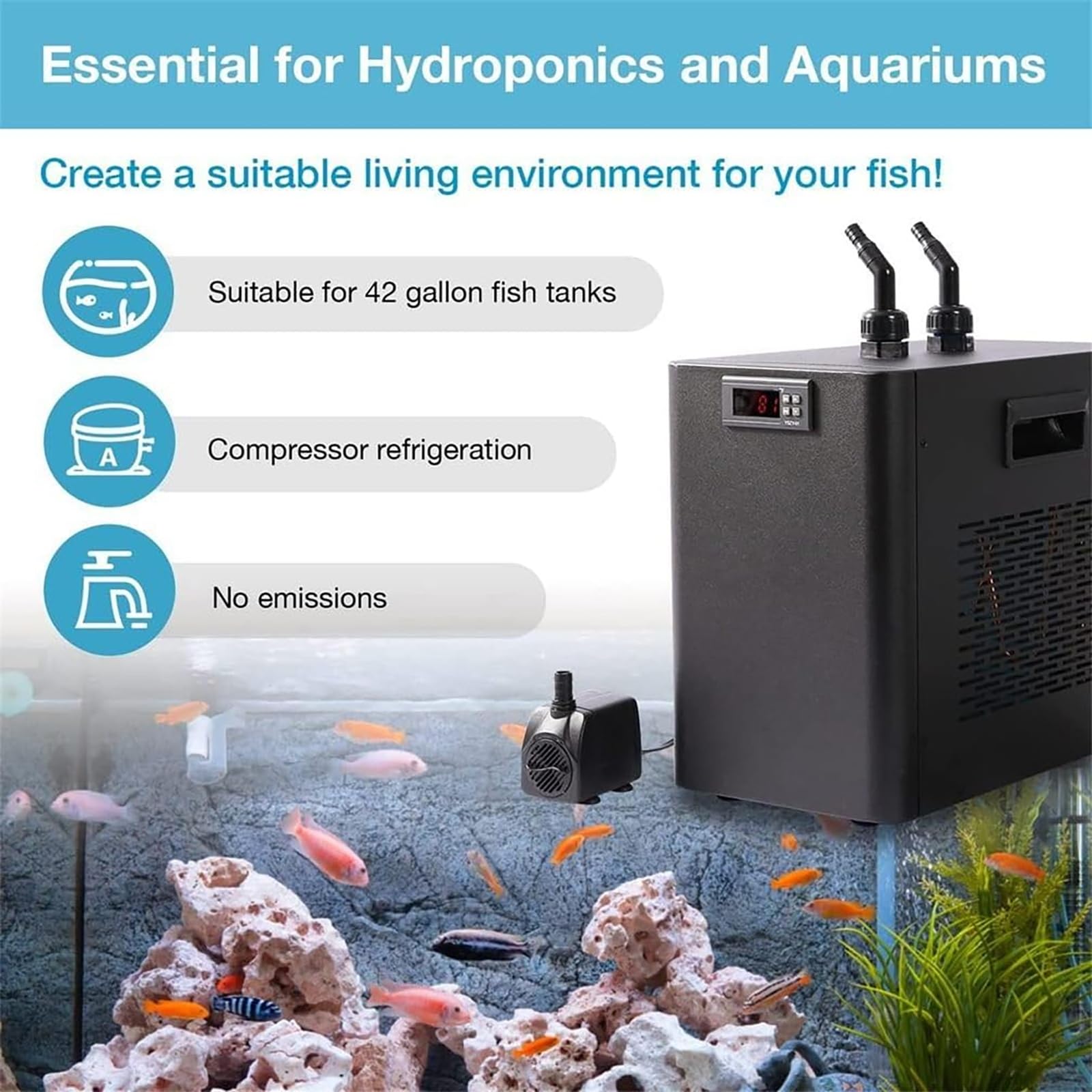 Enfriador de Acuario, máquina refrigeradora de Agua para peceras | Incluye mangueras y bombas, refrigeración por compresor, control de temperatura táctil y funcionamiento silencioso