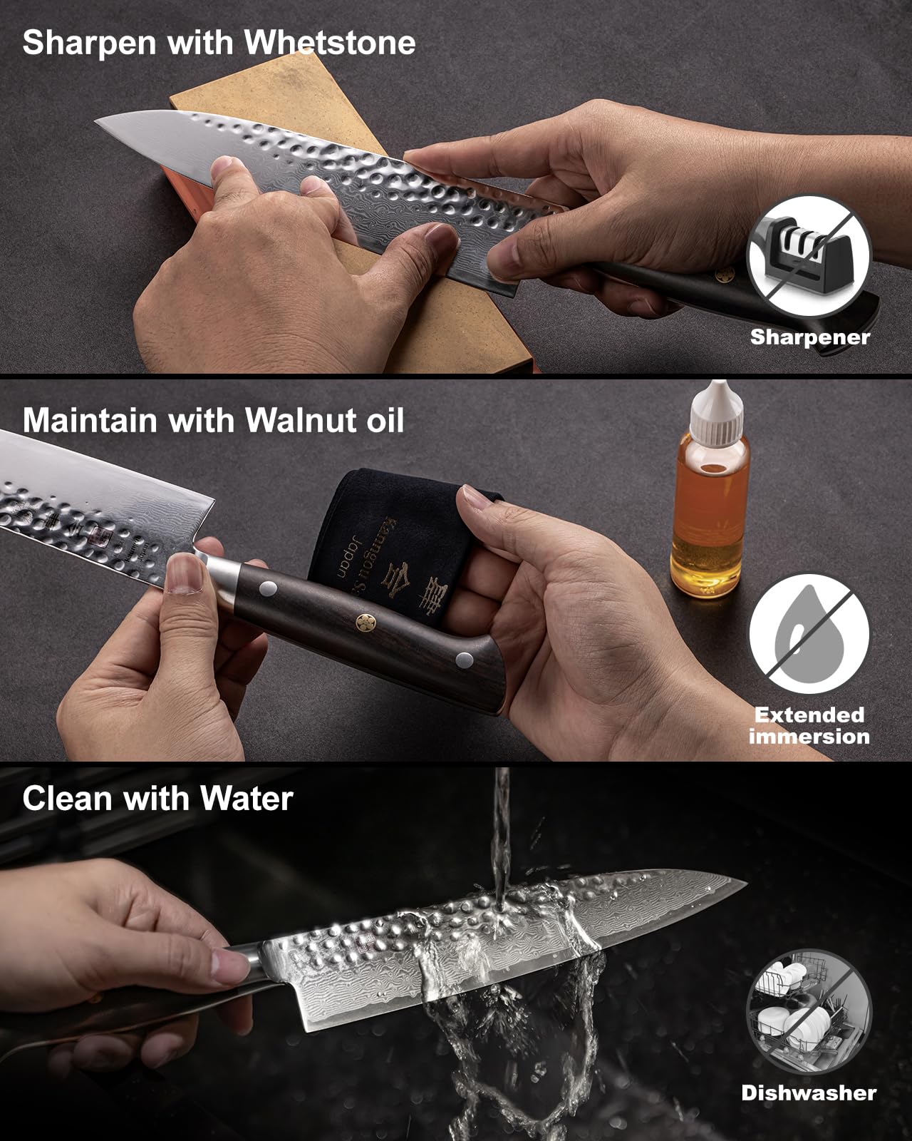 kanngou Couteau Japonais Damas 21 cm Couteau Gyuto en Acier Damas 67 Couches, Manche en Bois d’Ébène Pleine Soie, Couteau Cuisine Professionnel avec Coffret Cadeau Premium