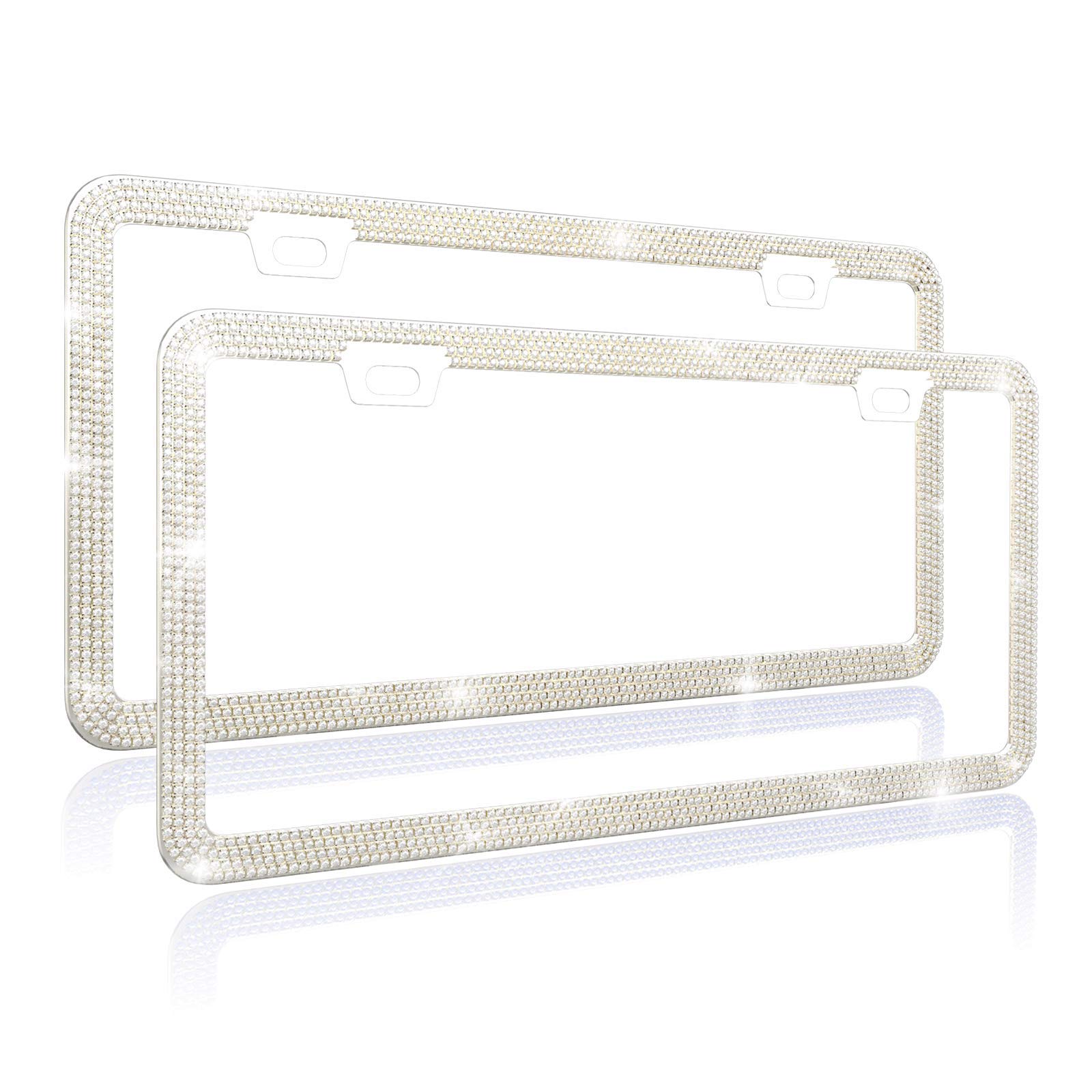 Photo 1 of Deselen White Bling License Plate Frame for Women, Luxury Sparkly Crystal Diamond White, 2 Pack