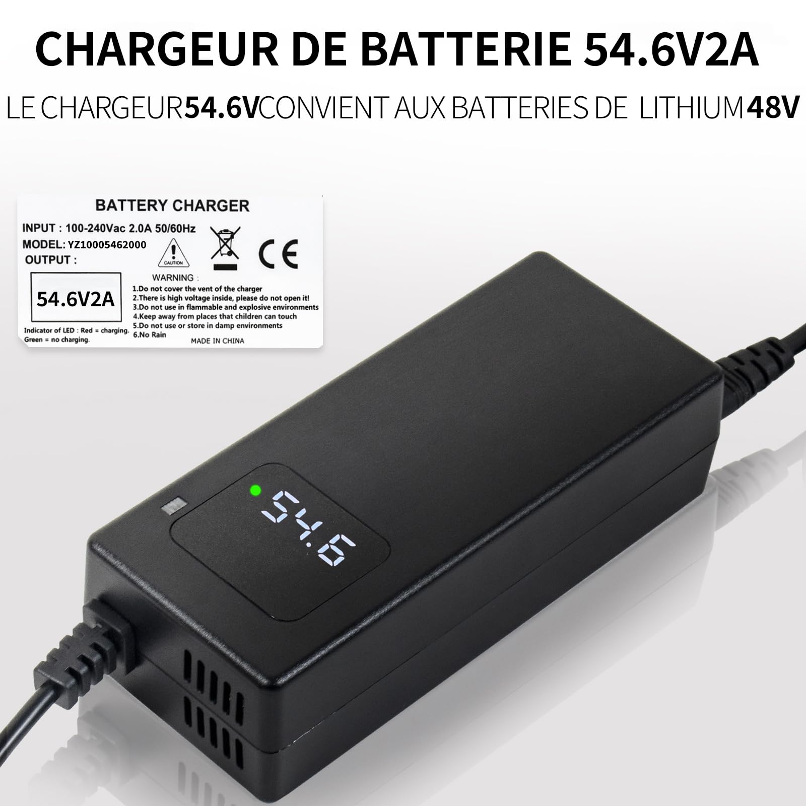 Chargeur Batterie 54.6V 2A, pour Batterie Lithium 48V, avec Affichage LED et Multiples Fonctions de Protection et de réparation, équipé de connecteurs RCA 8mm, DC 5.5 * 2.1mm