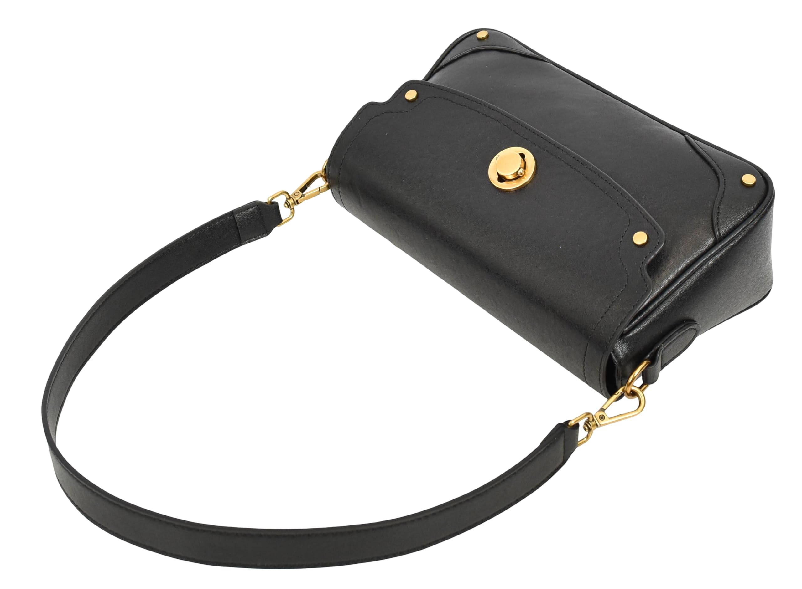 Bolso cruzado de cuero con solapa para mujer, bolso de hombro con cierre giratorio con herrajes dorados, tachuelas en las esquinas, bolsillo trasero con cremallera y forro beige |