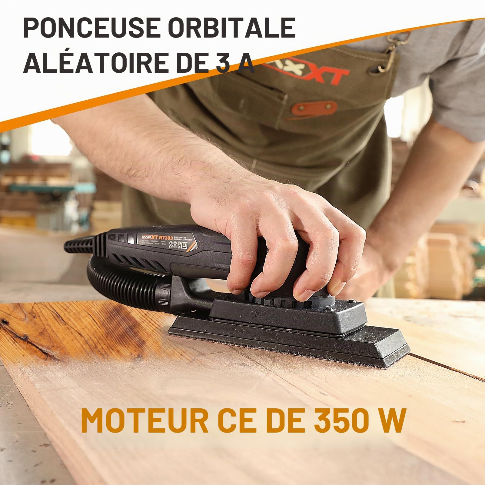 MAXXT Ponceuse excentrique électrique sans balais - 3 mm - 350 W - Multifonction - 4000-10000 tr/min - Vitesse variable - Ponceuse excentrique filaire - Machine avec 10 papiers abrasifs