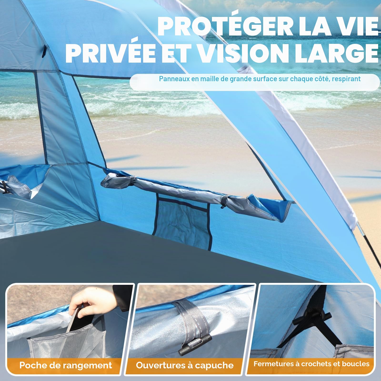 Chihee Abris de Plage Tente Solaire pour 2-3 Personnes avec Protection UV Tissu Enduit d'argent Maille Respirante Sacs de Sable supplémentaires,Léger Installation Facile Portable Auvent de Plage