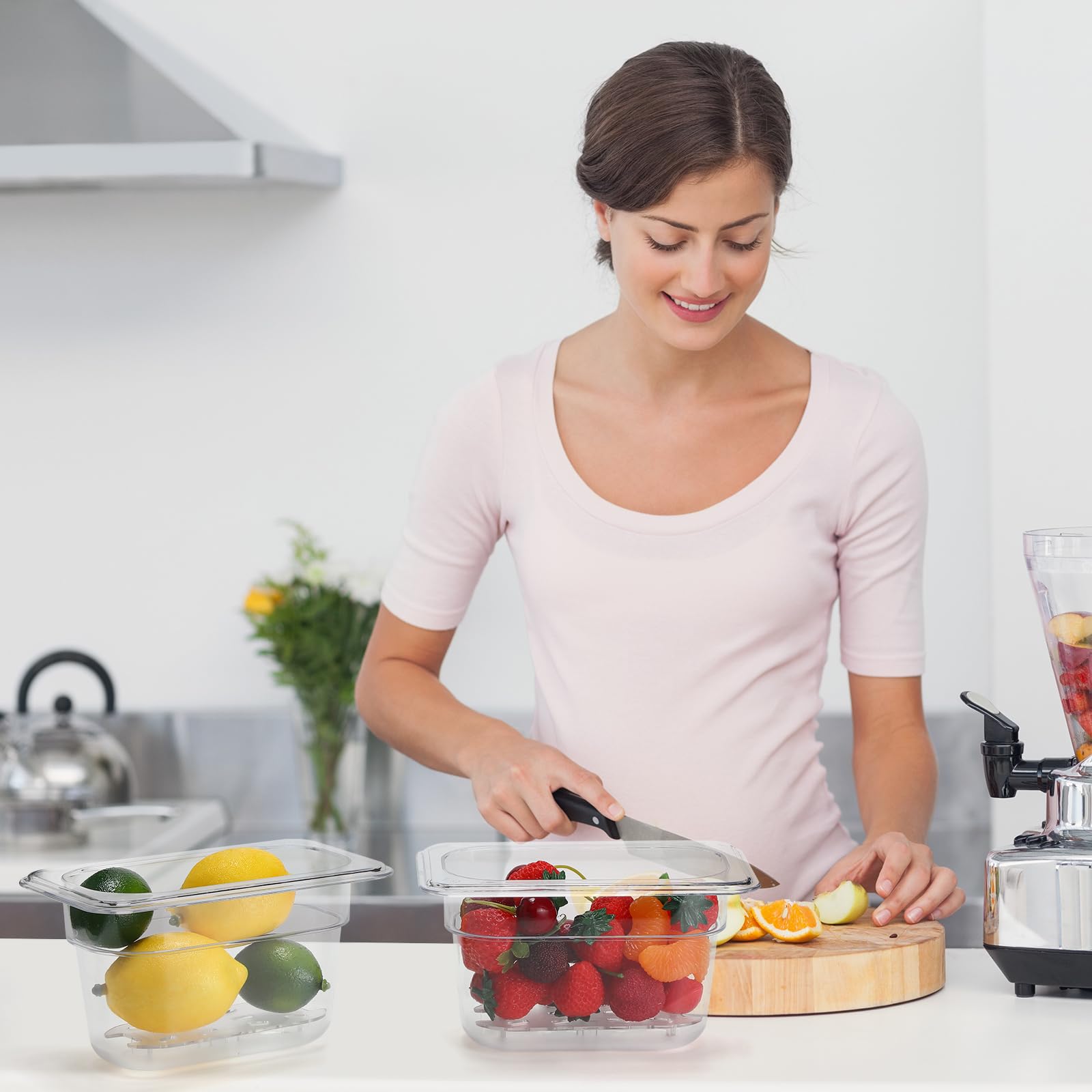 Sunnyray Juego de 6 sartenes de policarbonato de tamaño 1/9 con tapas y estante de drenaje, recipientes cuadrados profundos para almacenamiento de alimentos para cocina, restaurante, frutas y verduras