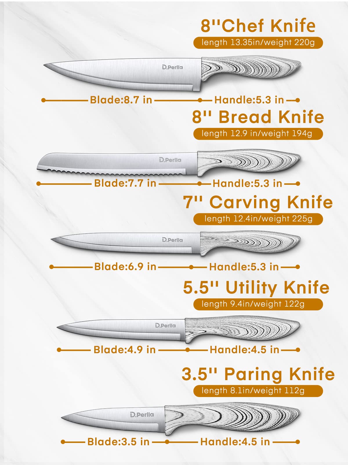 Buy D.Perlla Knife Set, 6 PCS Kitchen Knife Set with Detachable Round