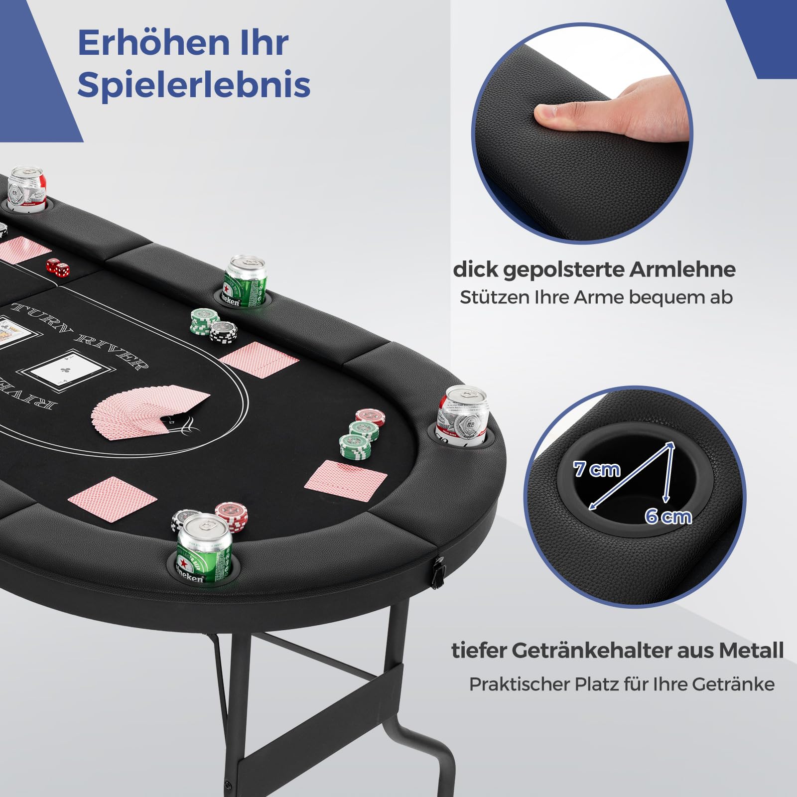 DREAMADE Faltbarer Pokertisch für 8 Spieler, Poker Table mit Getränkehalter, Metall-Rahmen 182 x 82 x 75 cm Schwarz