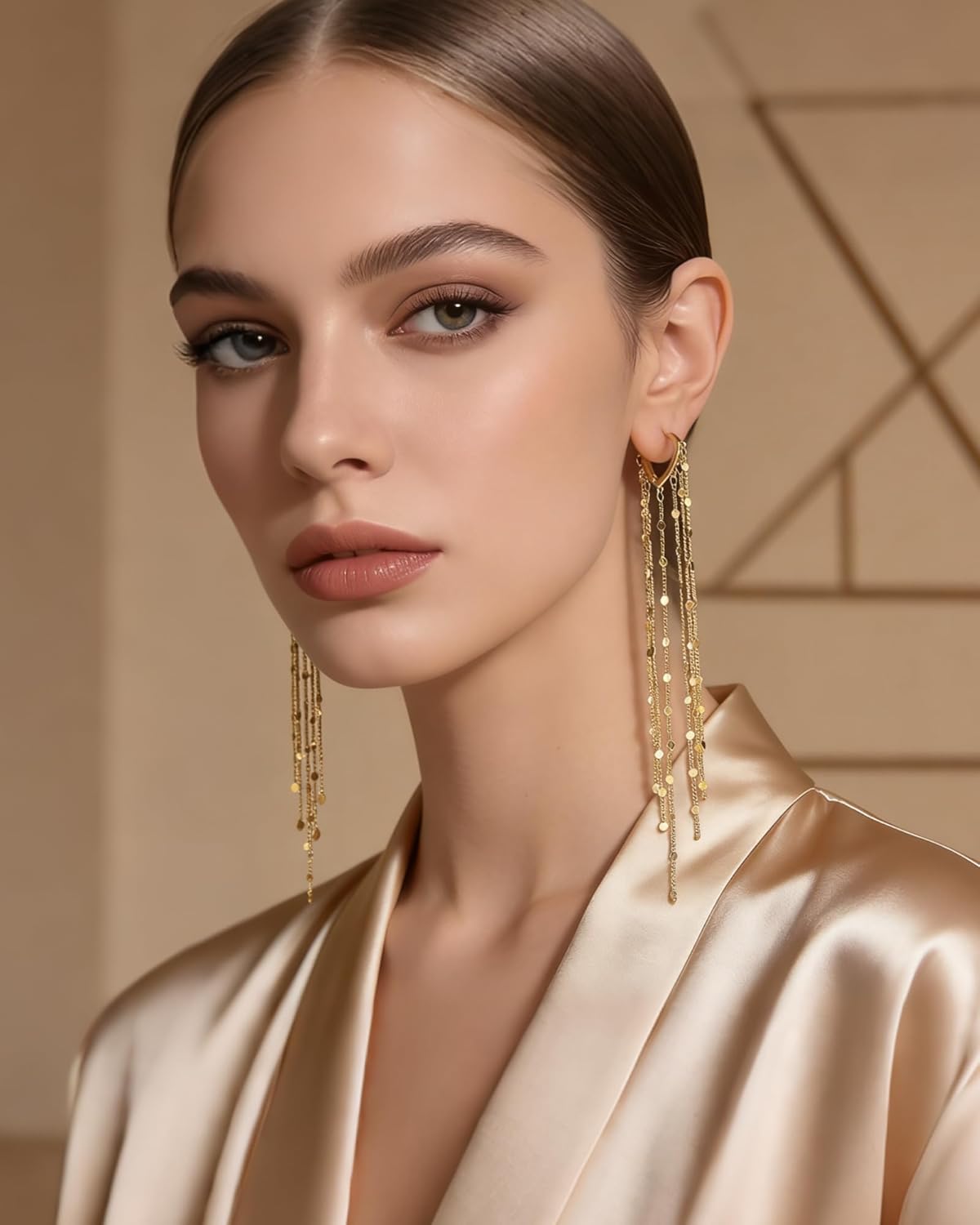 Long Gold Tassel Earrings for Women Trendy 14k Gold Plated Chain Dangle Earrings Golden Huggie Heart Drop Ear-rings Wedding Party Prom Ear Jewelry Accessories Gifts for Her - Image 3