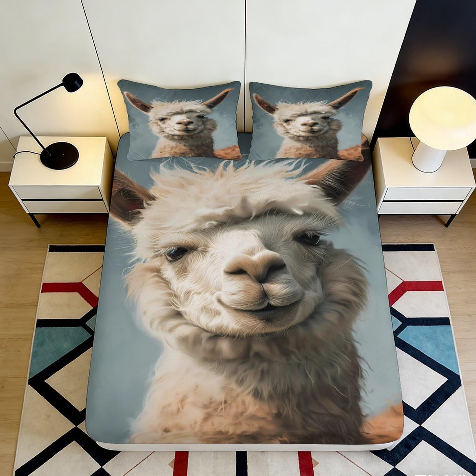 3D Printed Cute Llama Fitted Sheet Microfiber Soft Breathable Alpaca Face Bed Cover for Bedroom Dormitory Guest Room Mattress Protection Decor 140x200x25cm