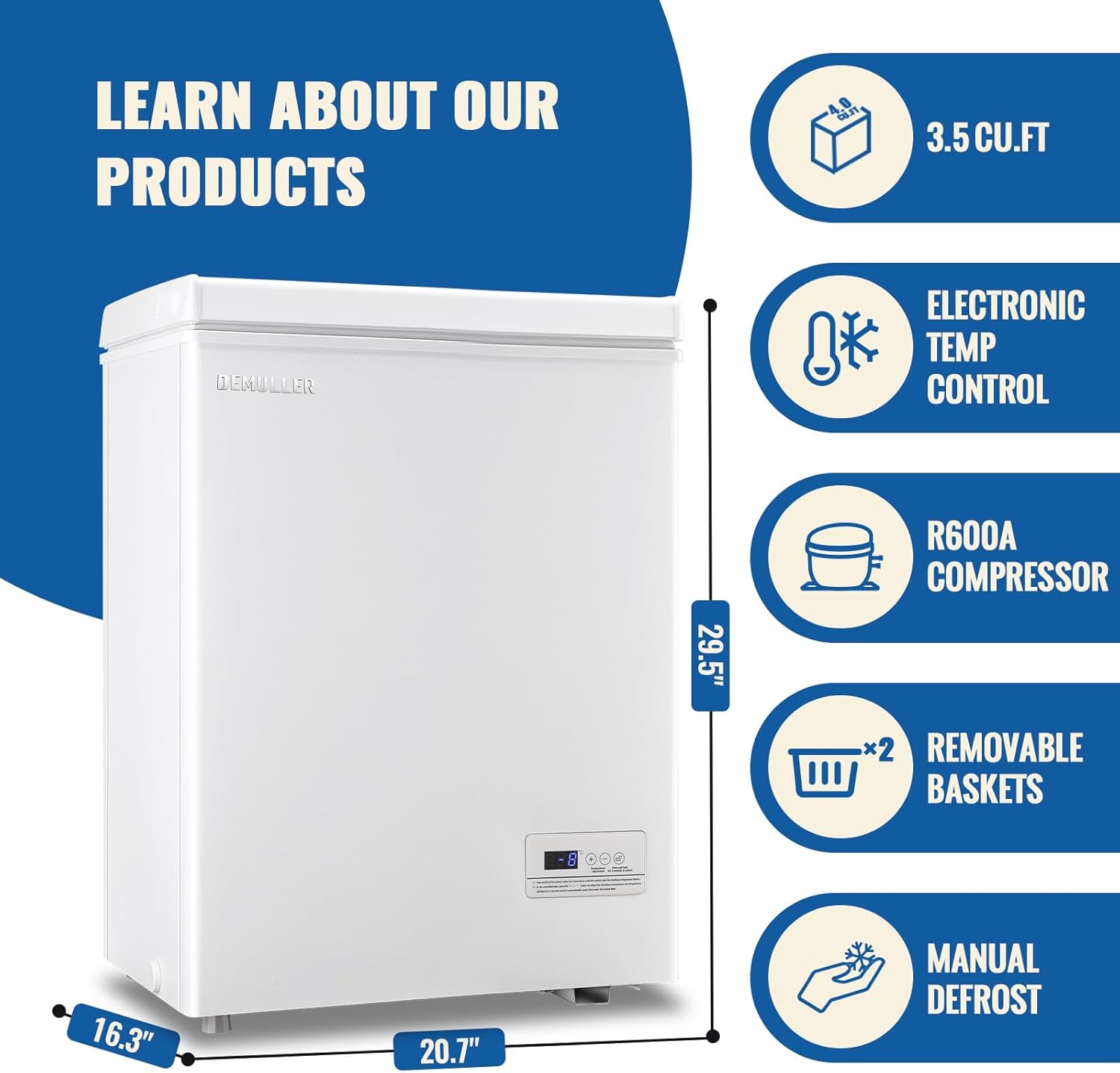 63L Mini Deep Freezer with Electronic Temperature Control Panel Small Chest Freezers with Two Baskets White (-12℉ to 50℉) Ideal for Home Kitchen Dorm Office