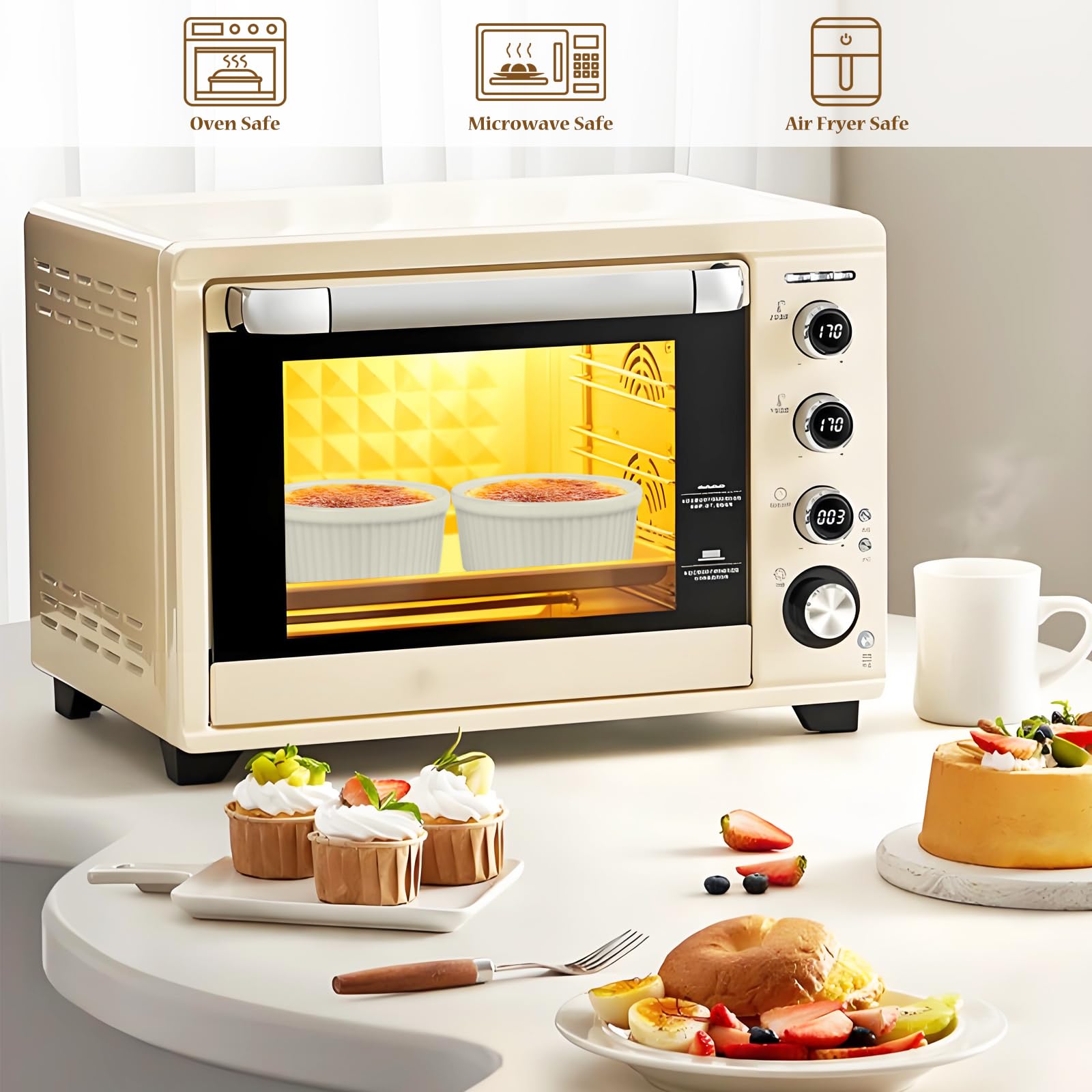Confezione da 4 pirottini con coperchio, in ceramica, diametro interno di 9,5 cm, per torte, marmellate e soufflé, microonde, forno, lavastoviglie e friggitrice ad aria