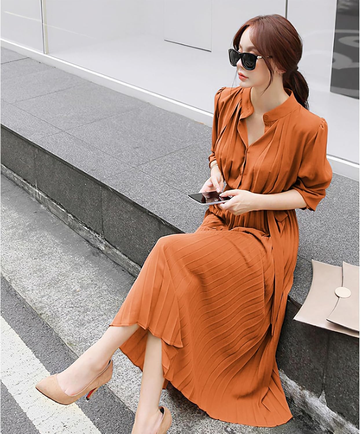 Womens Pleated Long Sleeve Loose Dress Casual Maxi Dresses with Tie Waist - Image 3