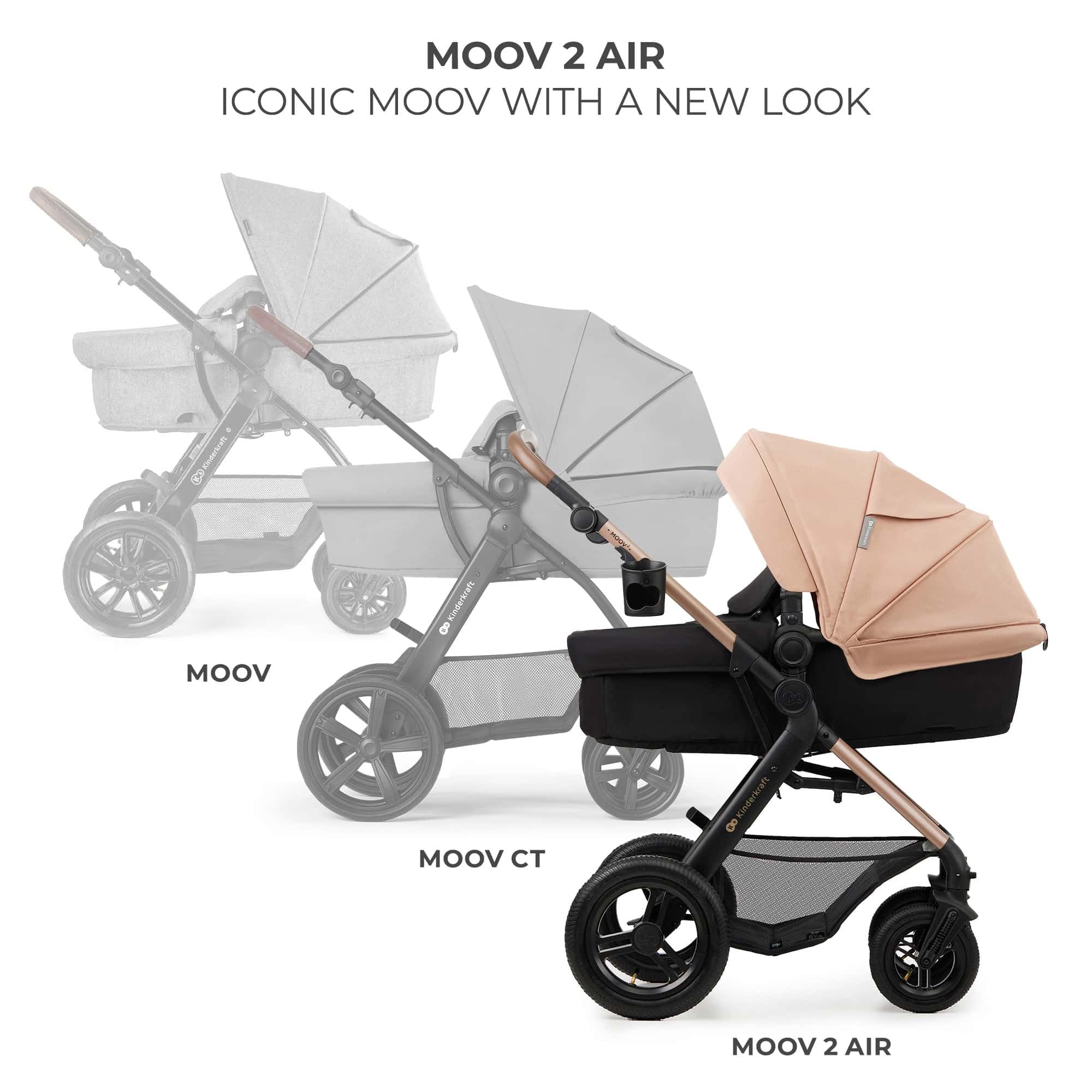 Kinderkraft MOOV 2 AIR, carrito 4 en 1 con capazo y silla de paseo 2 en 1, ruedas hinchables todoterreno, Travel System con MINK PRO i-Size, hasta 22 kg, Beige