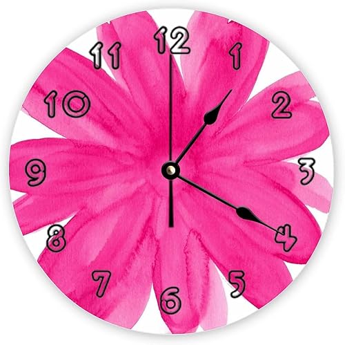 Reloj de pared decorativo silencioso, sin tictac, color rosa intenso, flor de acuarela, redondo, moderno, reloj de madera para dormitorio, sala de Reloj de pared decorativo silencioso, sin tictac, color rosa intenso, flor de acuarela, redondo, moderno, reloj de madera para dormitorio, sala de