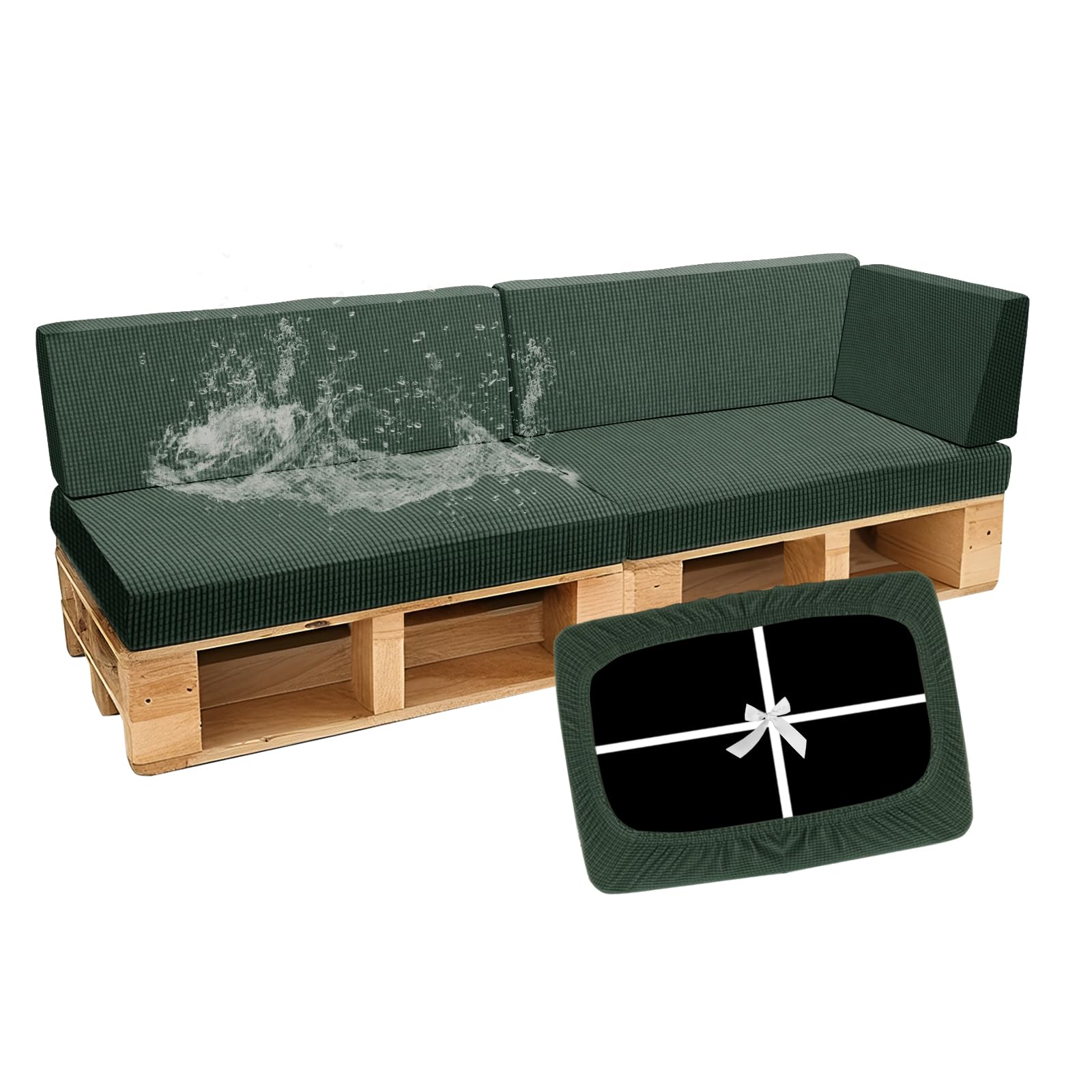 SYLC Waterproof Pallet Cushions Covers, Stretch Cover for Pallet Furniture Cushions with 4 Ties, Outdoor Corner Sofa Covers for Rattan Patio Garden Caravan (Green,5 PCS(2 Seats+3 Backs))