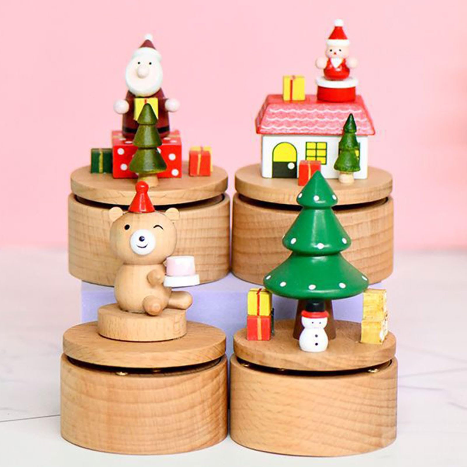 Carillon rotante in legno fatto a mano decorazione natalizia albero di Natale Babbo Natale tema con melodie