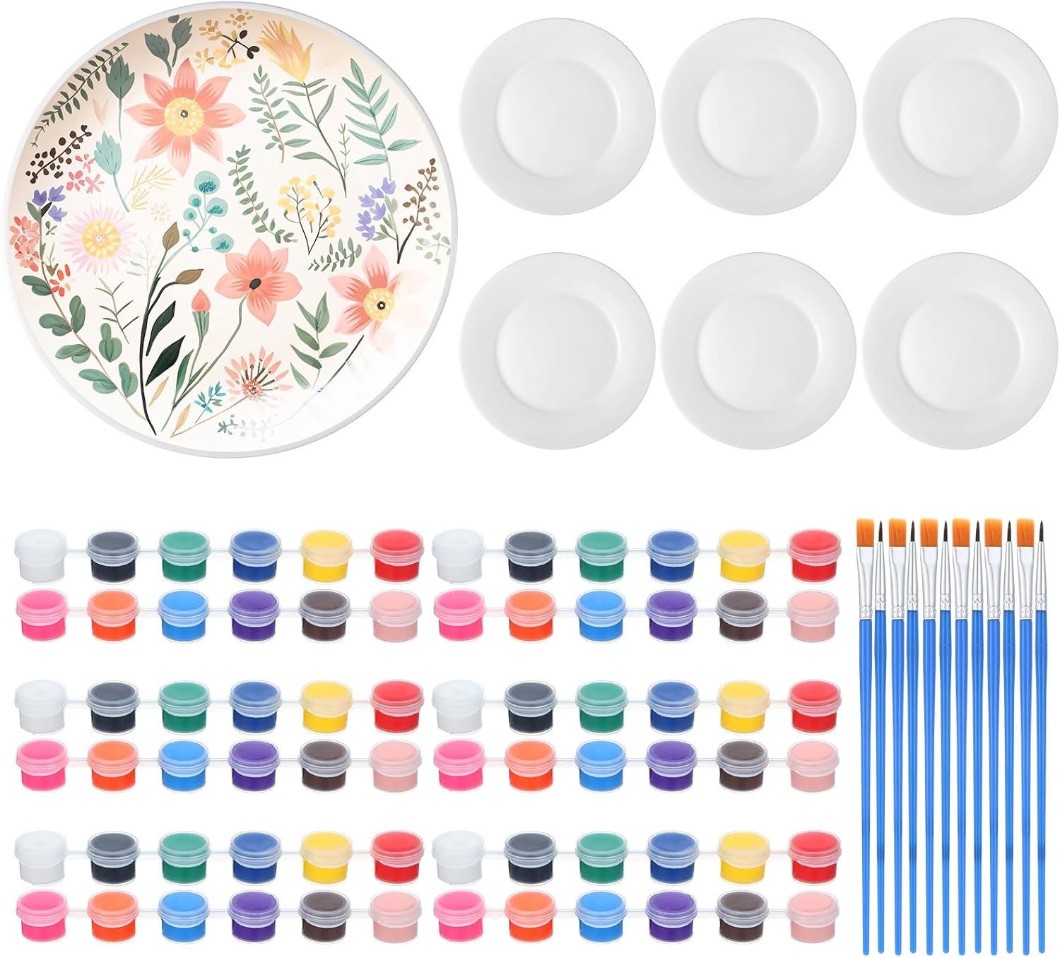 Marspark 6 Pcs 9 Inches Ceramic Painting Plate White Ceramic Plates with 6 Sets of 12 Colors Paint 6 Sets of 2 Brushes Porcelain Painting Craft Set for Family Gatherings Activities Art Supplies