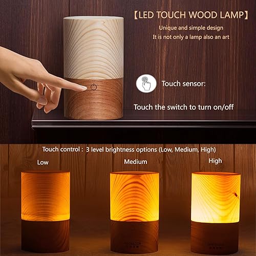 Miniatura 2 de Lámpara LED de madera portátil controlada por sensor táctil con brillo ajustable de 3 niveles de luz cálida para mesita de noche, cena iluminada por