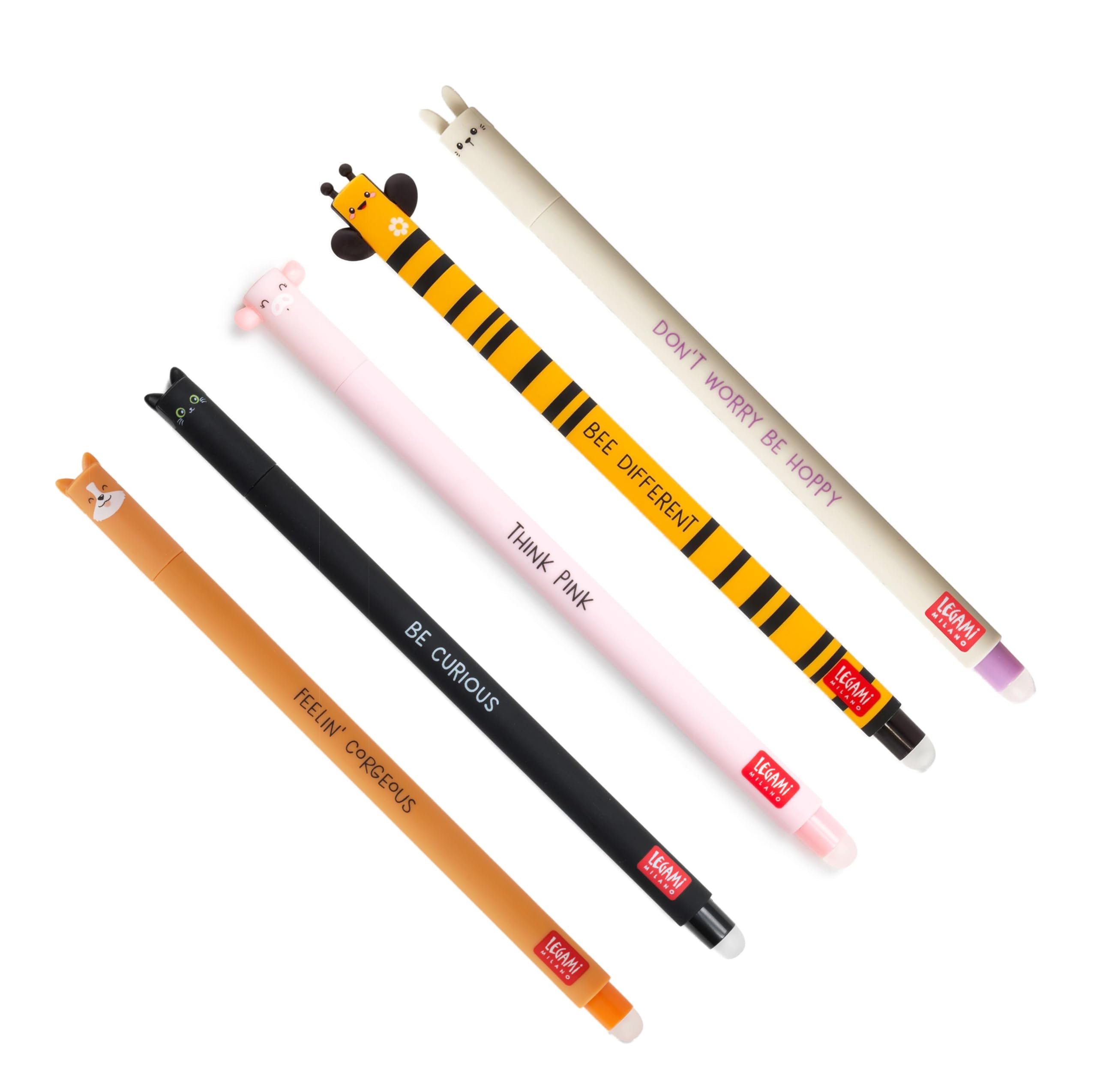 FÜNDIG Legami - Juego de 5 bolígrafos borrables de gel borrables, tinta termosensible, punta de 0,7 mm, para borrar, bolígrafos de gel Legami, varios diseños (animales terrestres)