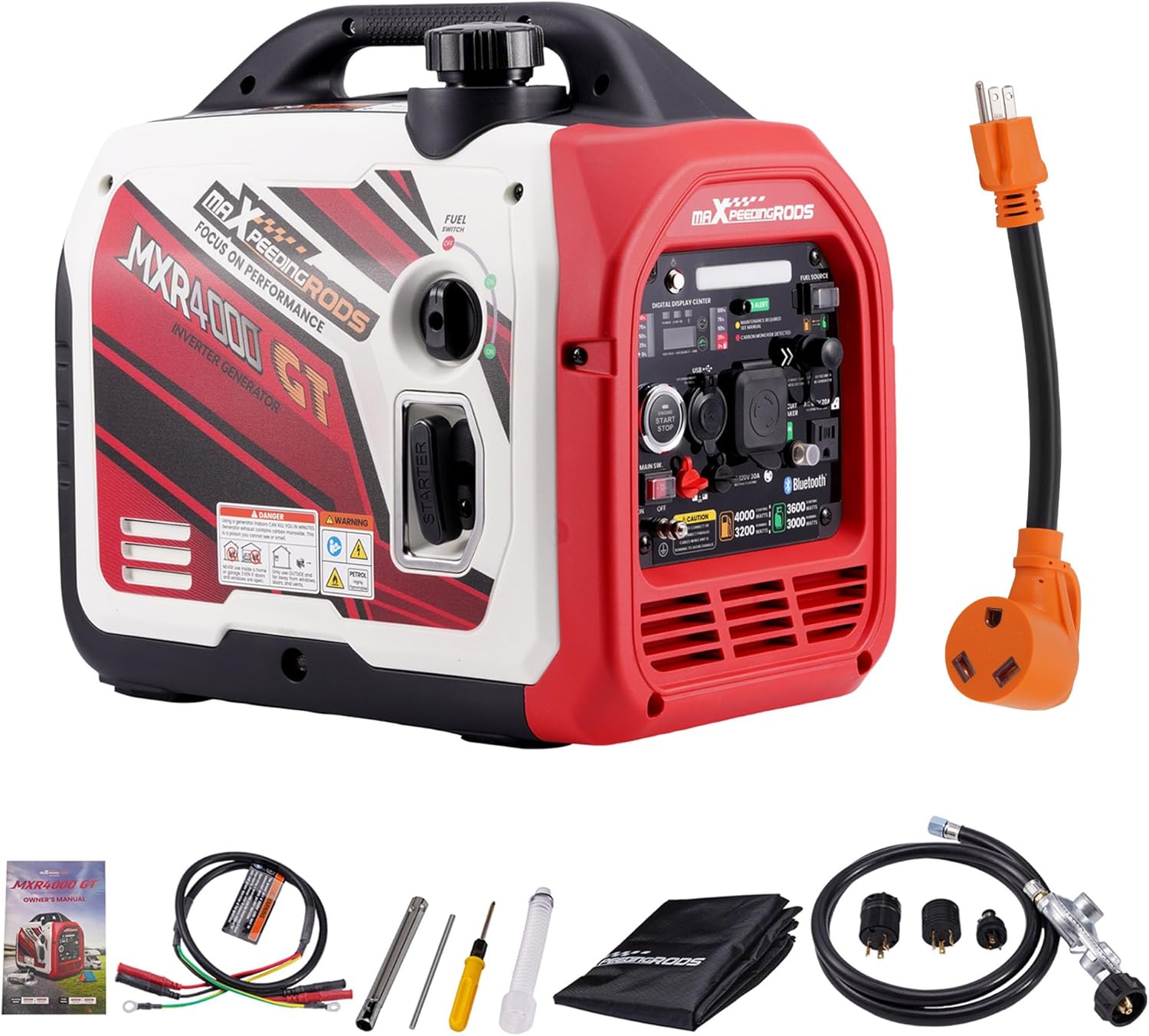 maXpeedingrods 4000 Watt Dual Fuel Inverter Generator with Bluetooth® Control Start, with RV Power Adapter Cord 15Amp to 30Amp, NEMA 5-15P to TT-30R