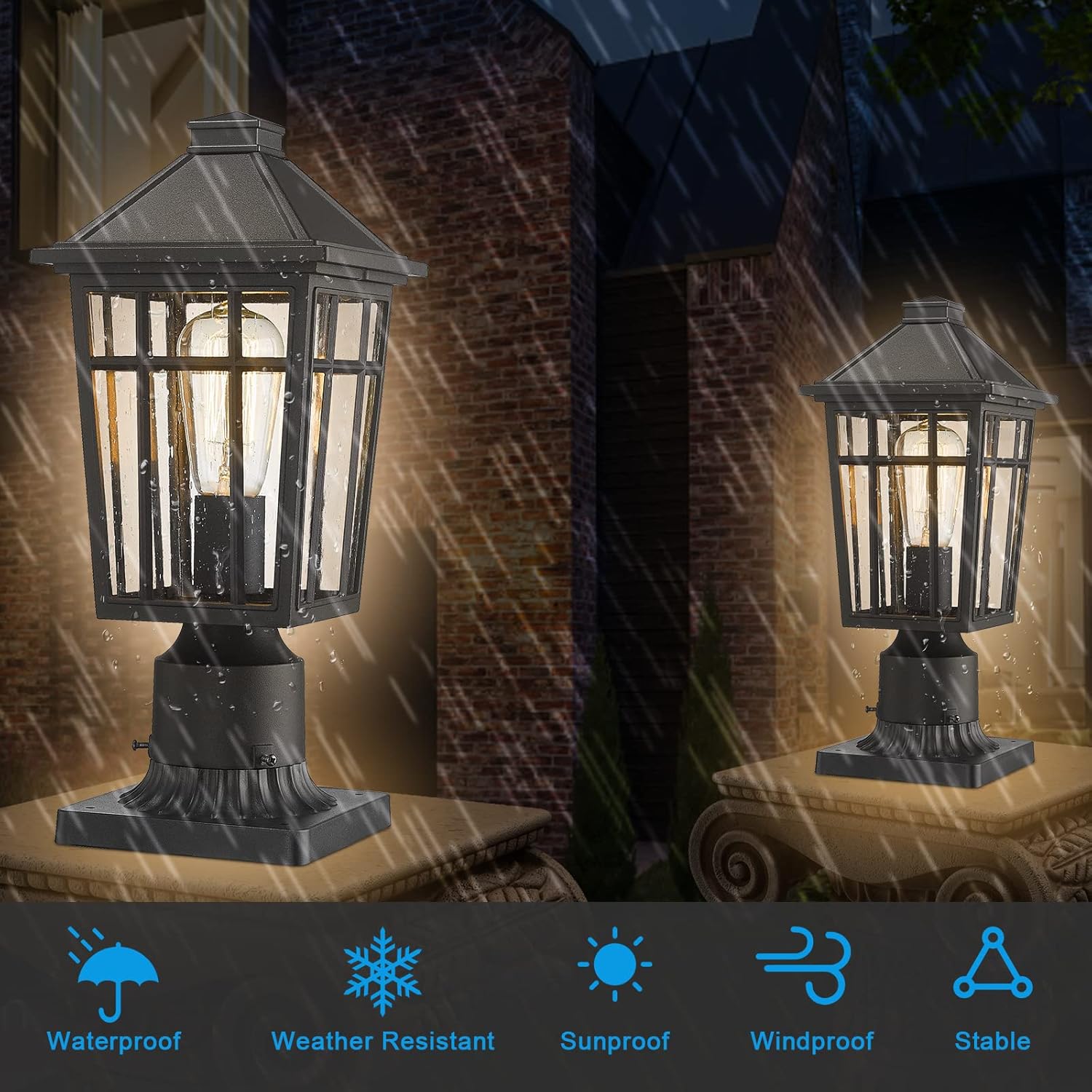 Darkaway Outdoor Post Lights+ Post Light Adapter，Fence Post Deck Lighting for Garden, Patio, Pathway (1 Set, Black)