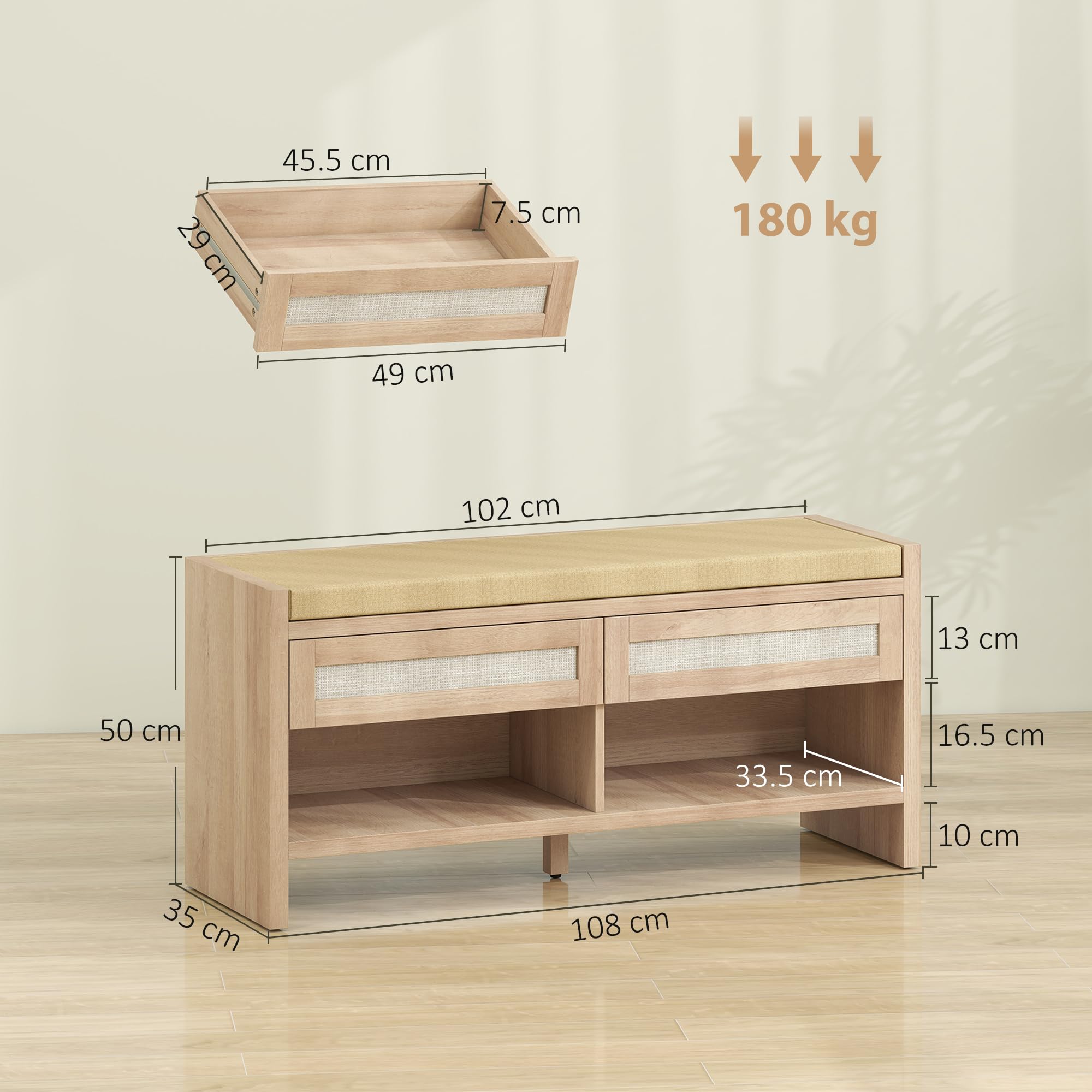 HOMCOM Banco Zapatos 2 cajones ratán 105x35x50cm Efecto Roble | Banco de almacenamiento boho, asiento acolchado aspecto lino, estante abierto, entrada, pasillo, sala de estar, dormitorio
