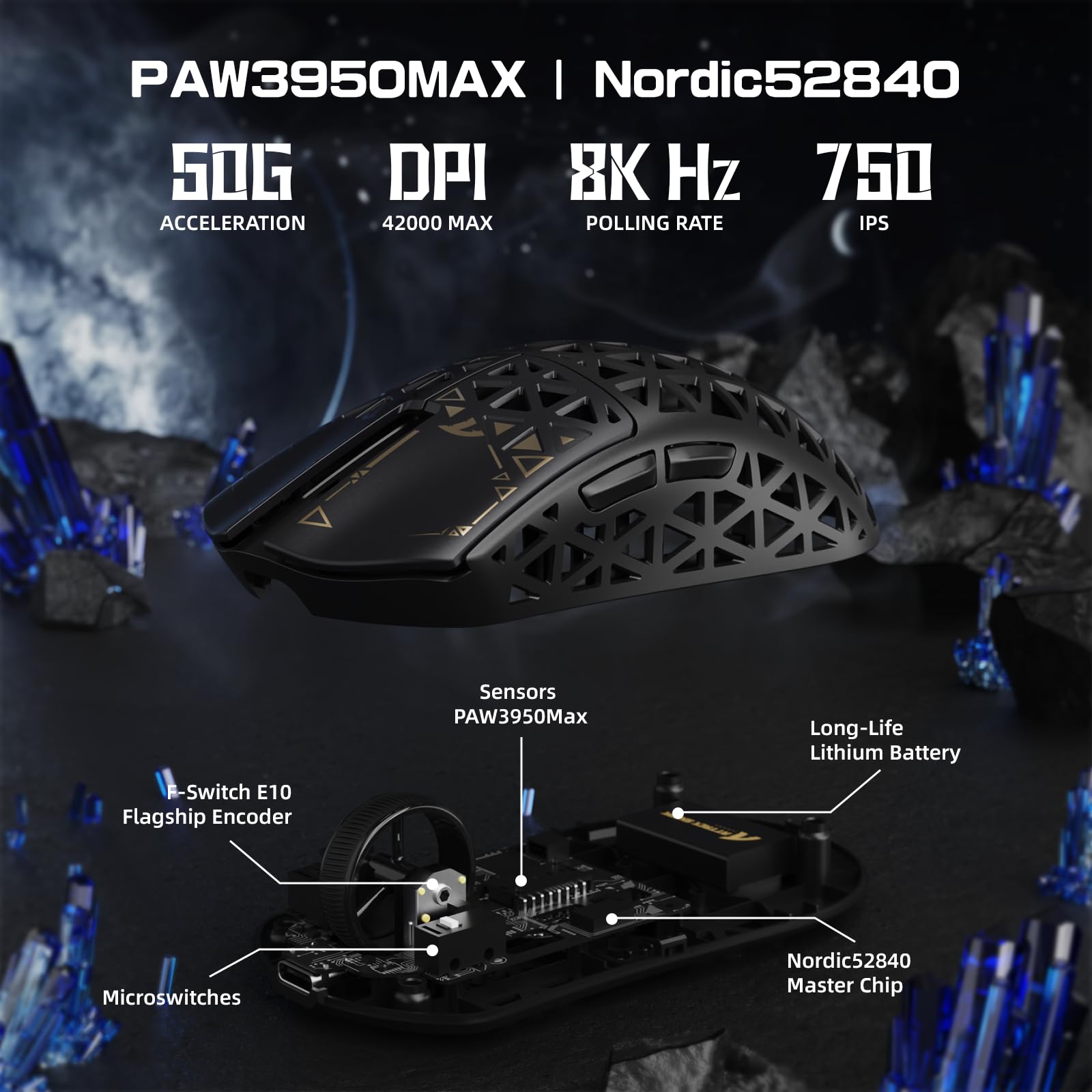 ATTACK SHARK R5 Ultra Mouse da Gioco Wireless HyperSpeed Fibra Carbonio, Mouse Ultraleggero 39g, 2,4G/BT/USB-C Cablato, Sensore PAW3950MAX, Frequenza Polling Wireless 8KHz, 42KDPI, Win/Mac -Nero
