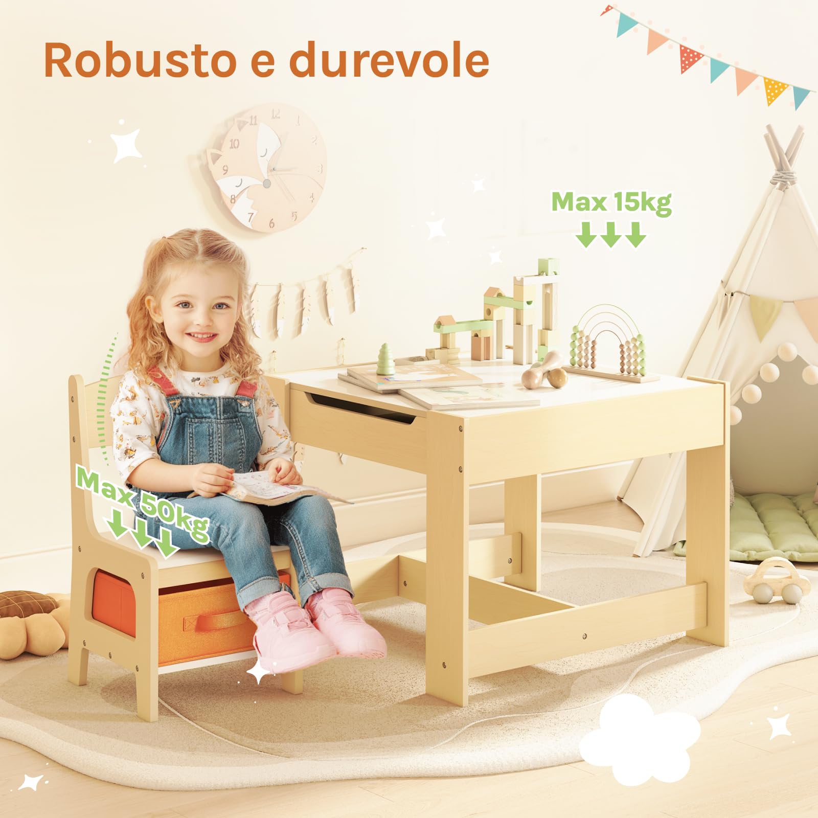 WOLTU Set Mobili con Lavagna Contenitore Tavolo e Sedie per Bambini Soggiorno Tavolino con 2 Sgabelli in Legno