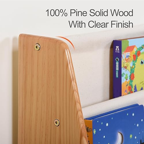Miniatura 5 de KRAND Estantería para niños pequeños y niñas, organizador de libros, con mangas de lona impresas con animales y estructura de madera maciza