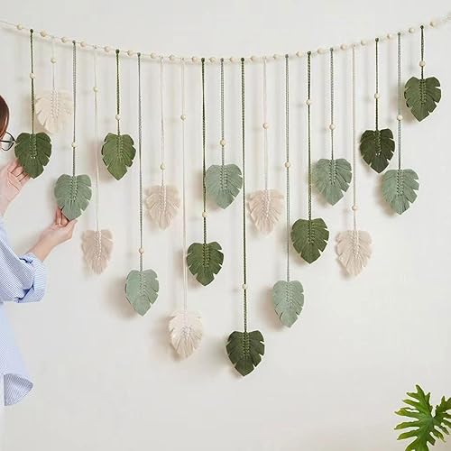 Miniatura 2 de Colgante de pared de macramé grande, hecho a mano, hojas y plumas, adornos de algodón tejido bohemio, elegante, tapiz para exhibición de fotos,