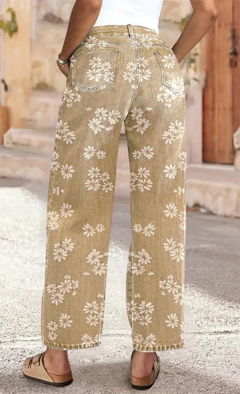 ebossy Women's Cute Floral Print Barrel Jeans High Waist Baggy Wide Leg Western Boyfriend Crop Denim Ankle Pants image 2