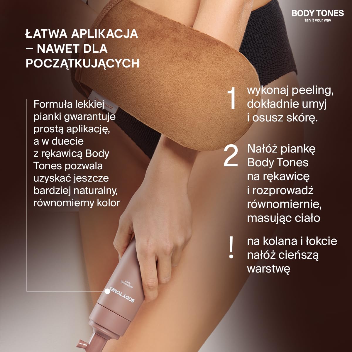 Body Tones Pianka Samoopalająca, Samoopalacz dla Ciemnej Skóry Nawilżająca i Przeciwstarzeniowa, Samoopalająca Pianka Naturalne Opalanie bez Ekspozycji na Słońce (155 ml + Rękawica, Ciemna cera)