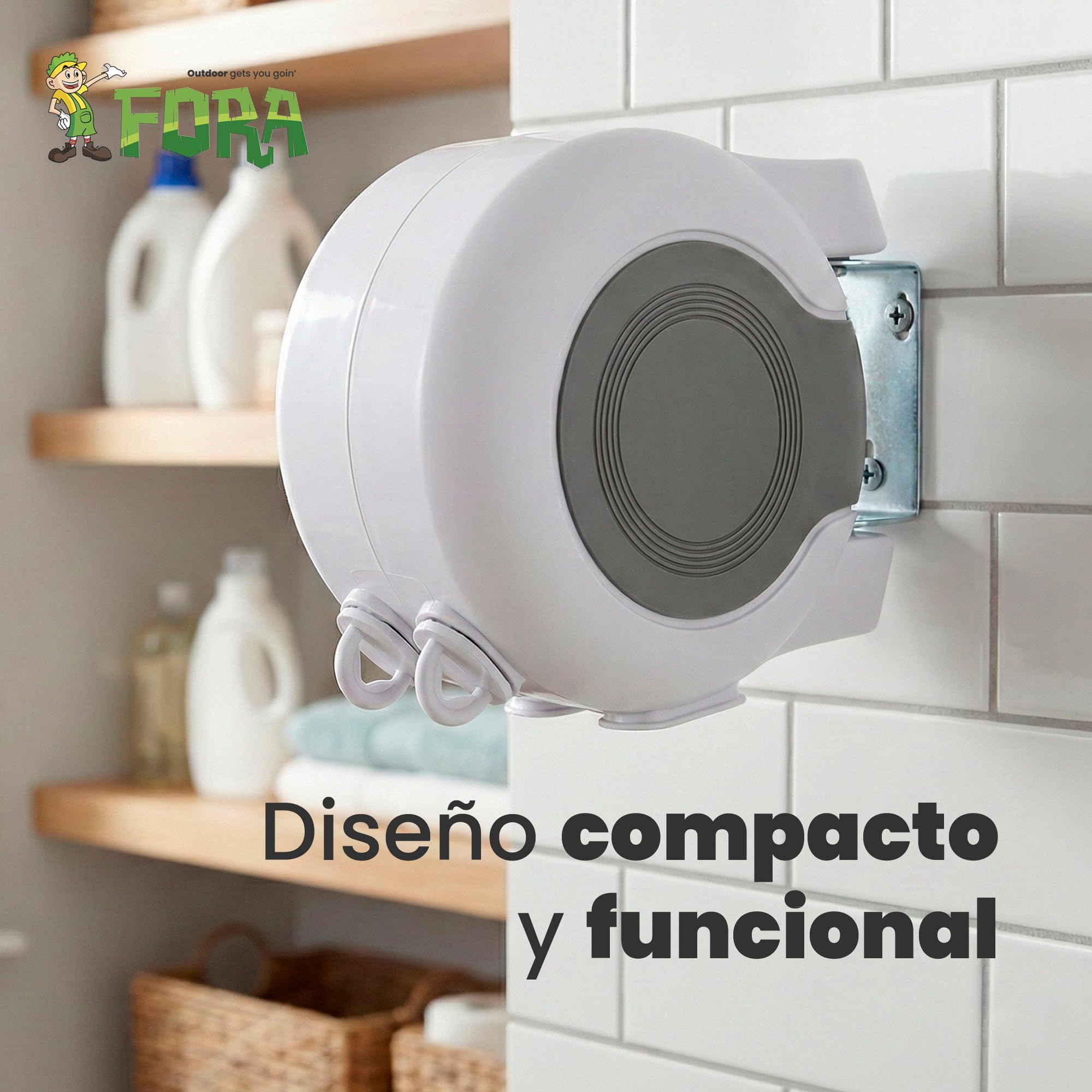 FORA Tendedero De 2 Cuerdas Retráctiles Extensible 26m (13m×2) – Interior y Exterior, ABS+PVC, Giro 180°, Carga Máx 15 Kg, Cuerda 2.9mm, Blanco/Gris — view 5