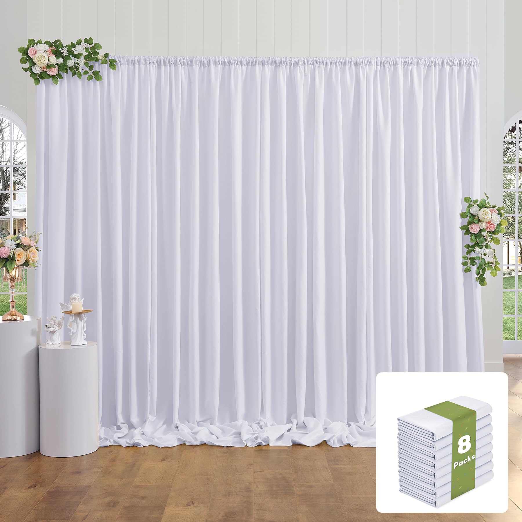 40x10FT White Backdrop Curtains for Party, 8 Panels 5x10FT Thick Polyester Backdrop Drapes, Wrinkle Resistant Photography Background Drapes for